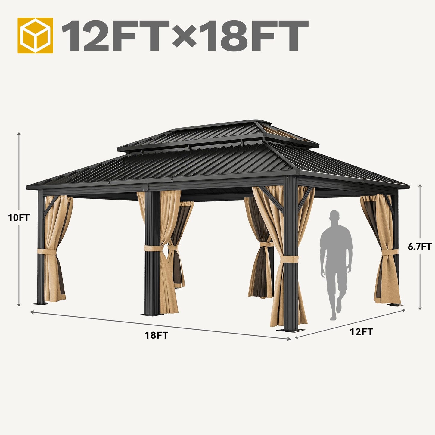 DWVO 12x18ft Aluminum Gazebo Hardtop Double Roof Canopy Outdoor Gazebo Galvanized Roof with Netting and Curtain Garden Tent for Patio, Backyard and Deck