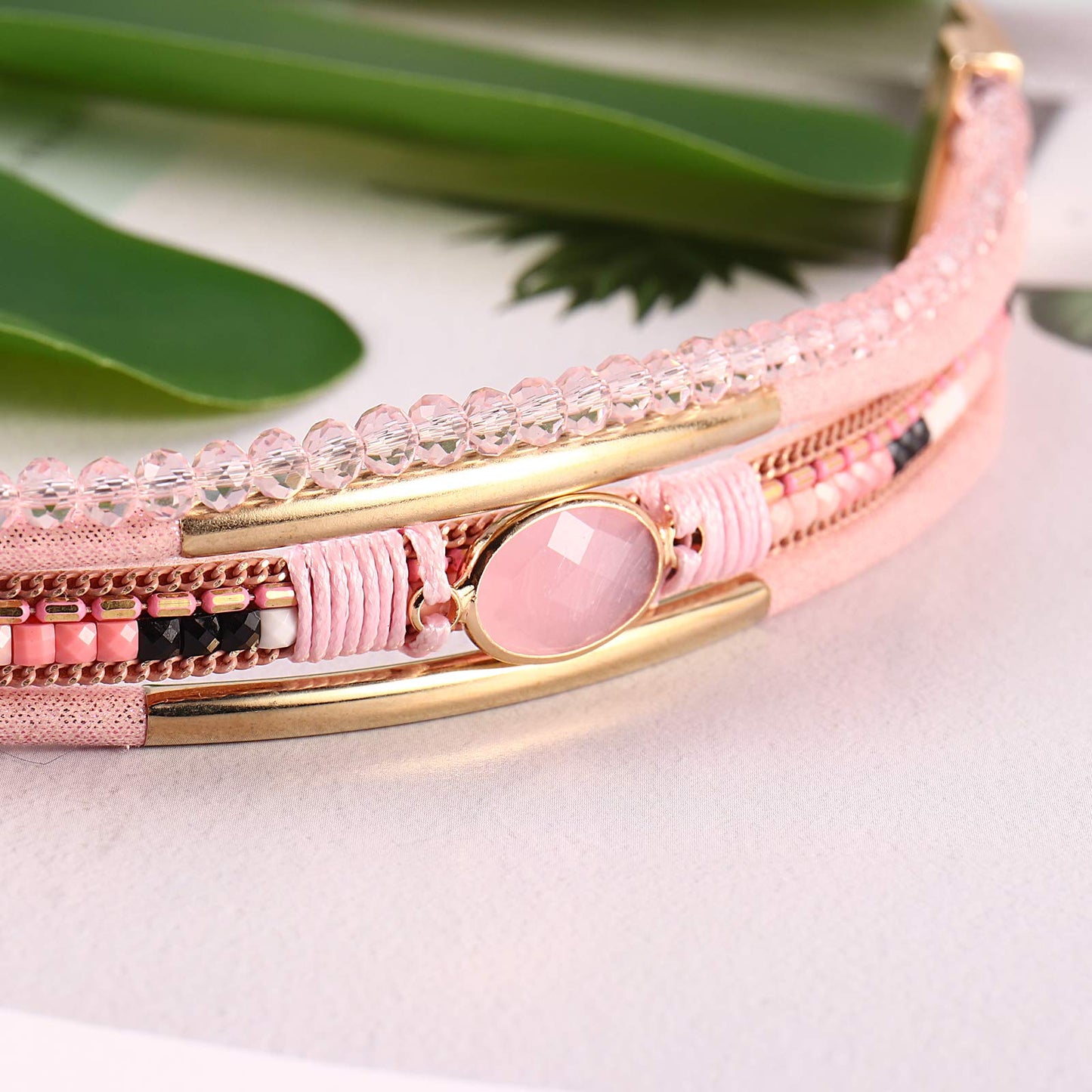 FANCY SHINY Leather Wrap Bracelets Crystal Beads Bracelet Boho Cuff Stone Charm Bracelets with Clasp Costume Jewelry for Women(Pink)