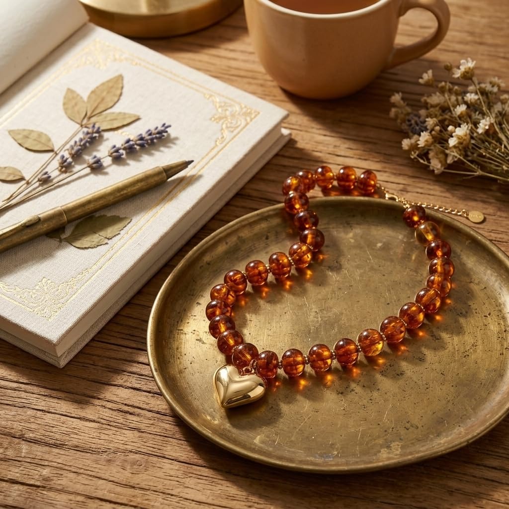 Frigotine Tortoiseshell Chunky Heart Necklace for Women, Brown Amber Resin Beaded Choker with Gold Puffy Heart, Trendy Acrylic Statement Jewelry Gift