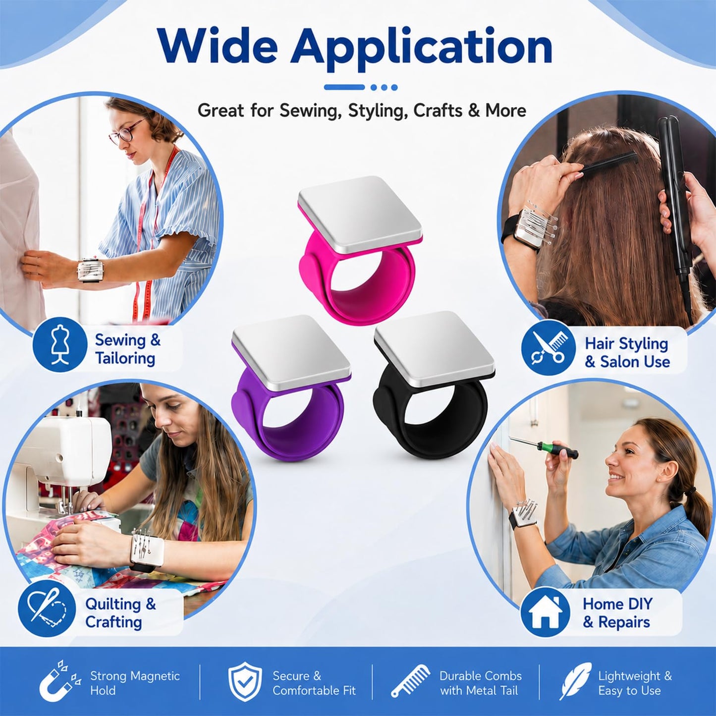 Hilltian 3 PCS Magnetic Wristband for Hair Stylists, Wrist Pin Cushion, Magnetic Pin Holder Wristband for Sewing Braiding, Black Pink Purple