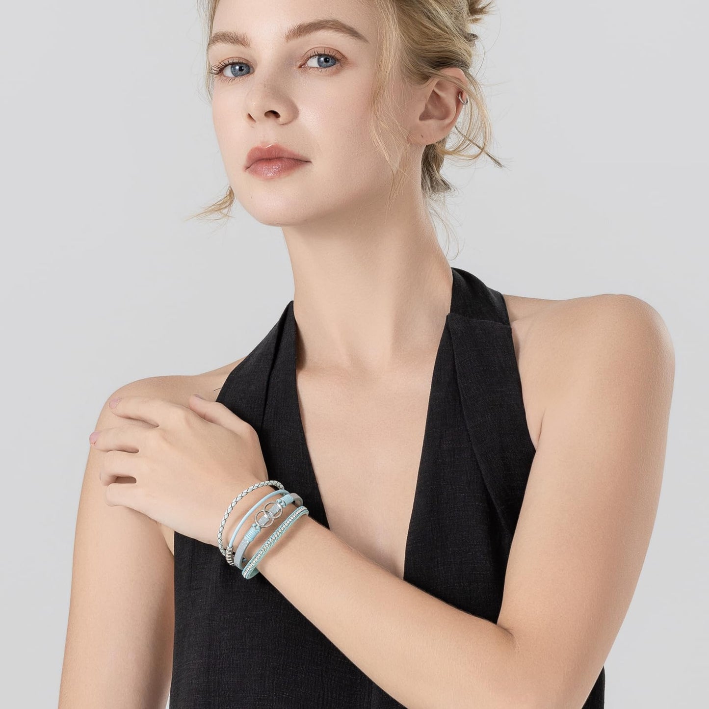 FANCY SHINY Boho Leather Wrap Bracelet Stackable Beaded Infinity Chunky Cuff Bracelets with Magnetic Clasp Western Hippie Outfits Jewelry Gifts for Women(Teal)
