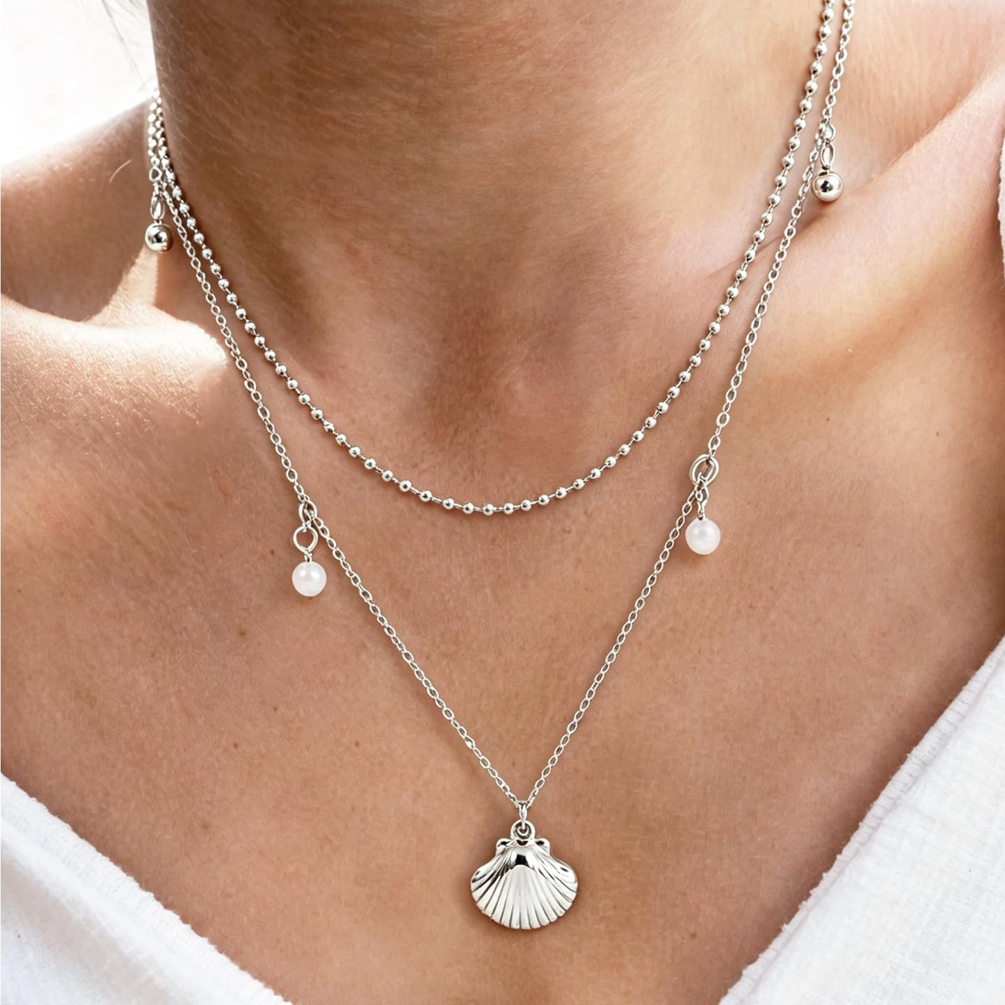 Starfish Shell Necklace for Women,14k Gold Plated Silver Layered SeaShell Pearl Pendant Charm Necklaces Dainty Non Tarnish Adjustable Waterproof Beaded Necklace Stack Jewelry for Summer Beach Vacation (Silver Shell Necklace)