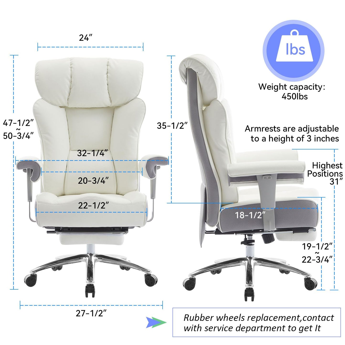 Efomao Big and Tall Office Chair 400lbs - Heavy Duty Executive Desk Chair with Foot Rest & 23" Wide Seat - High Back Ergonomic Leather Computer Chair for Heavy People, Home Office, White