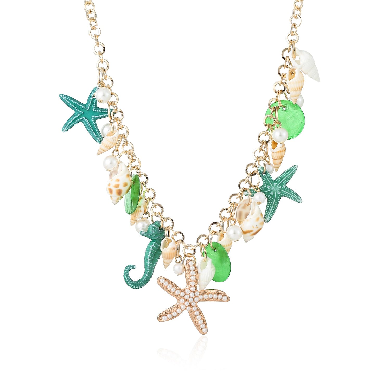 Shell Starfish Necklace for Women Conch Shell Starfish Pearl Necklace Seahorse Necklace Bohemian Chunky Choker Necklace Sea Shell Pearl Choker Collar Neck Mermaid Costume Jewelry Beach Jewelry (Green)