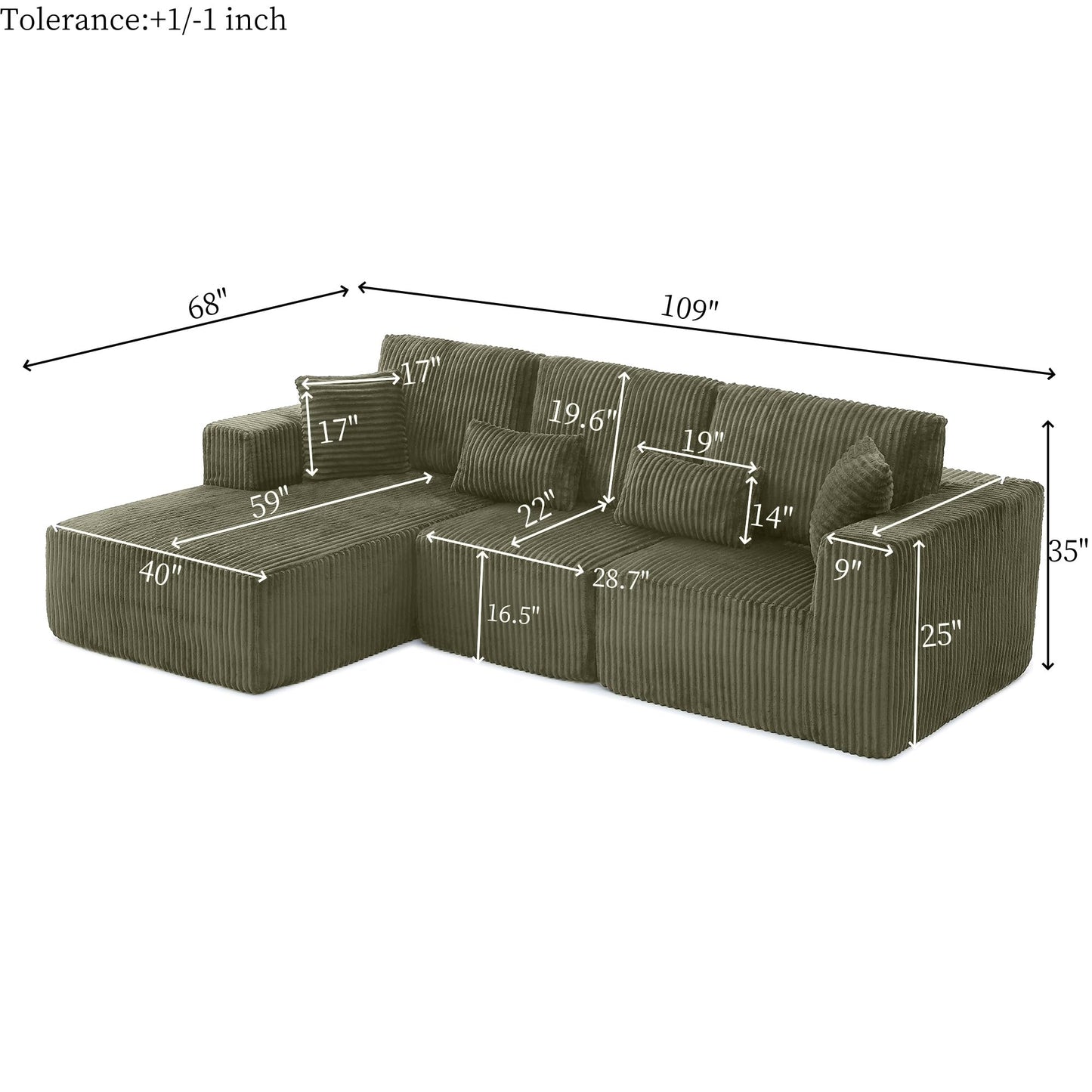 109" Modular L-Shaped Corner Cloud Sofa Corduroy Modular Couches with Deep Seat, 3 Pieces Compressed Boneless Sofa W/Left Chaise Lounge and 4 Pillows for Living Room