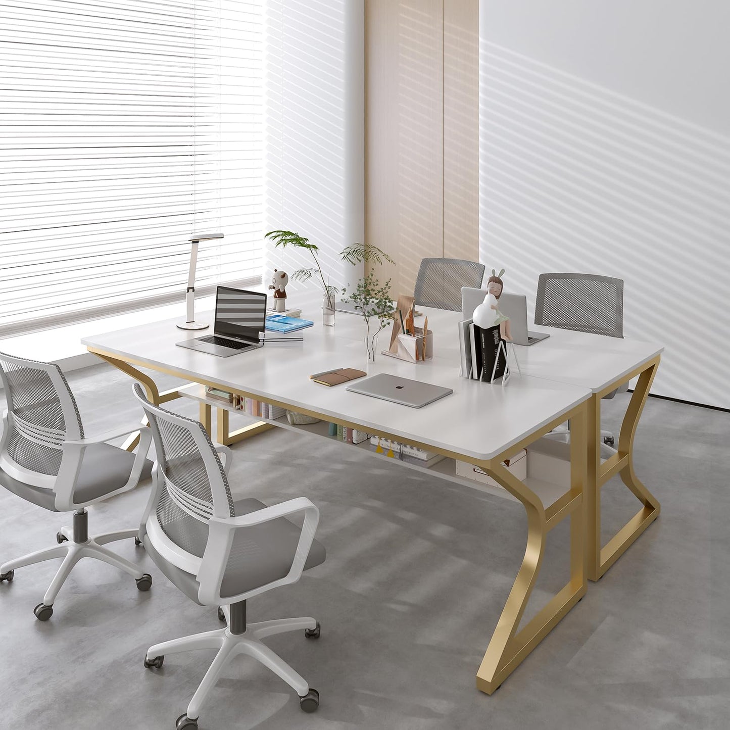 OSCHF Extra Long Desk with Bookshelf - 71" Double Long Writing Table for 2-Person Workstation, Modern Study Work Computer Desk for Home and Office, Gold