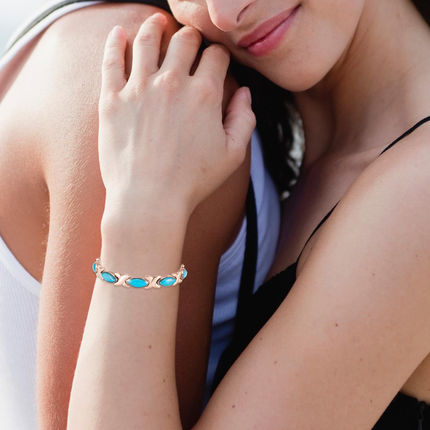 MagSølv Magnetic Bracelets for Women, Stainless Steel Magnet Bracelet with Inlaid with 3500 Gauss Magnets and Turquoise, Adjustable