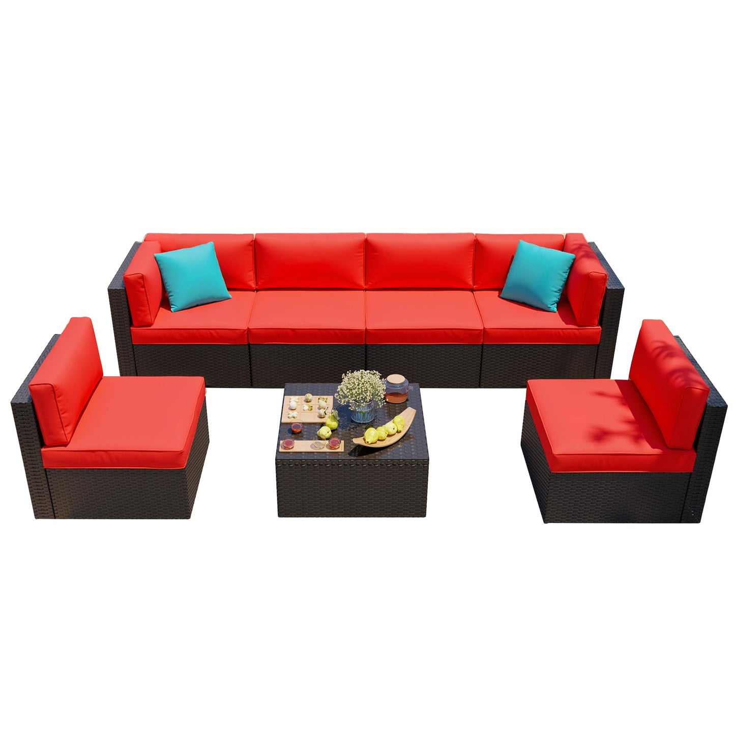 Shintenchi 7 Pieces Patio Furniture Sets Outdoor All-Weather Sectional Patio Sofa Set PE Rattan Manual Weaving Wicker Patio Conversation Set with Glass Table&Ottoman Cushion and Red Pillows, Red