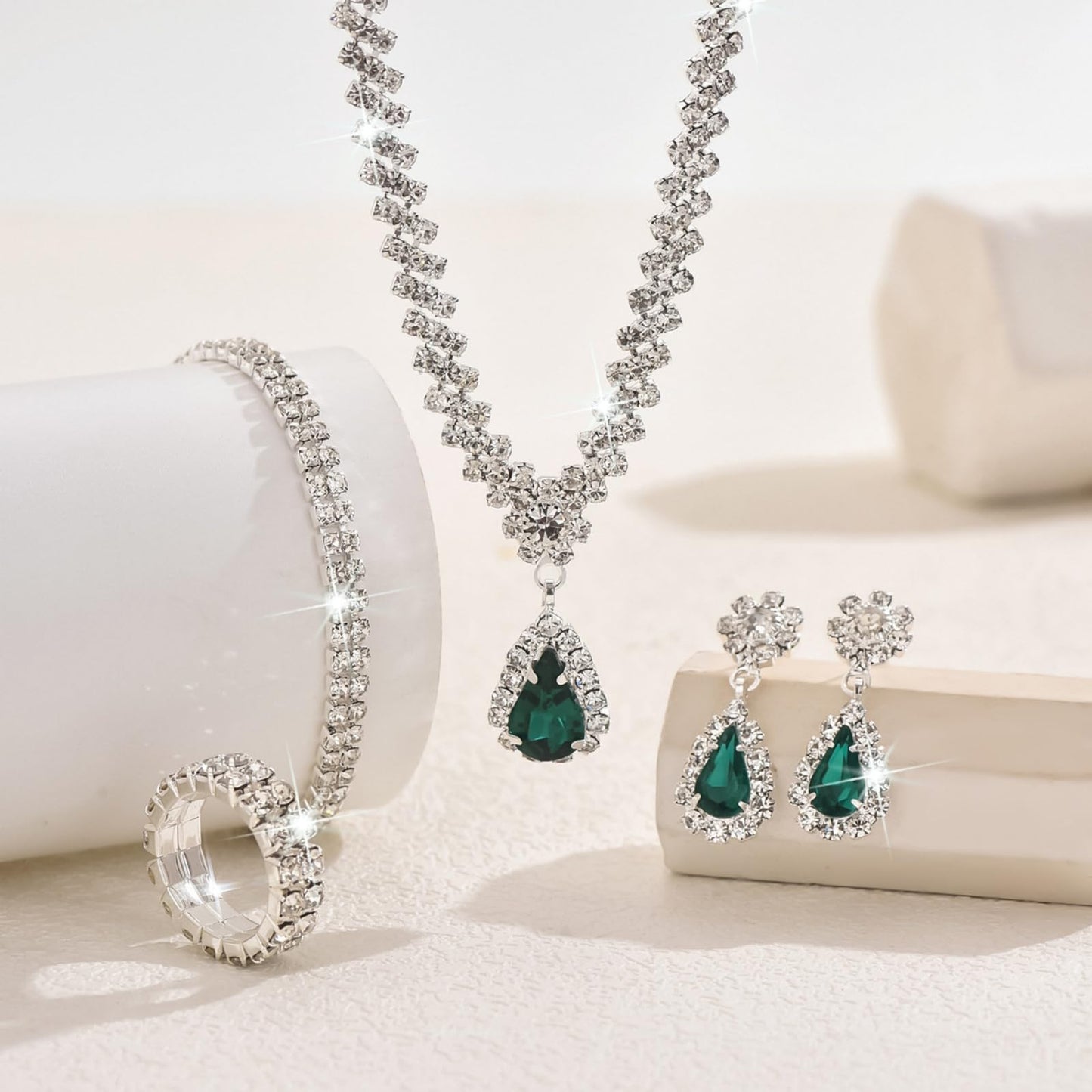 IS4U Rhinestone Water Drop Set for Women Bridal Wedding Vintage Colourful Crystal Zircon Statement Necklace Ring Earrings Bracelet Set Party Dress Ball Fashion Jewellery (Green)