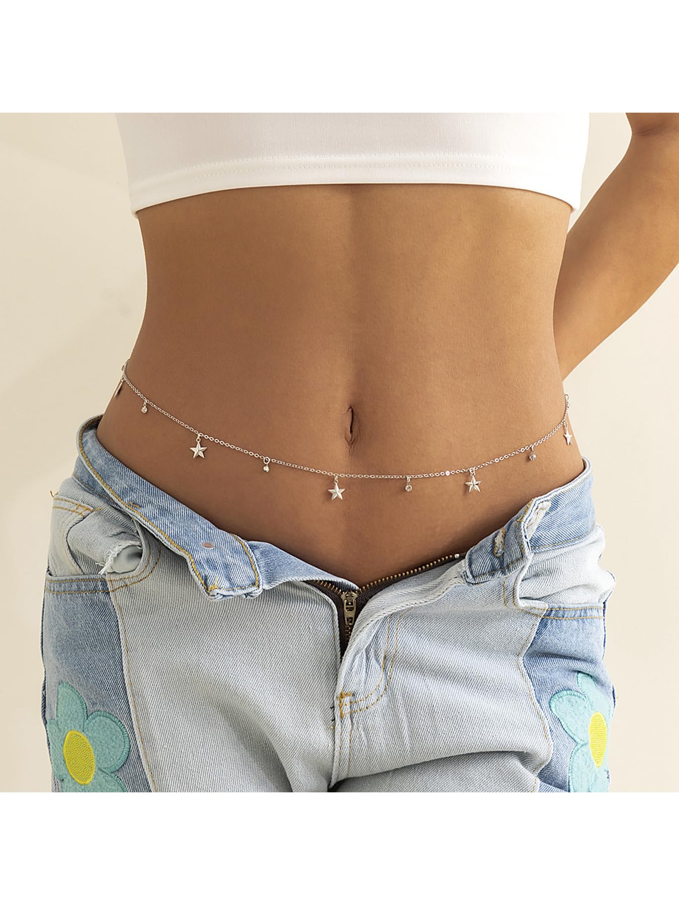 MODRSA 1pcs Y2K Star Belly Chain Silver Waist Chain for Women Silver Waist Jewelry for Women Belly Chains Star Stomach Jewelry Sexy Body Chains Non Tarnish Waterproof Summer Jewelry Trendy