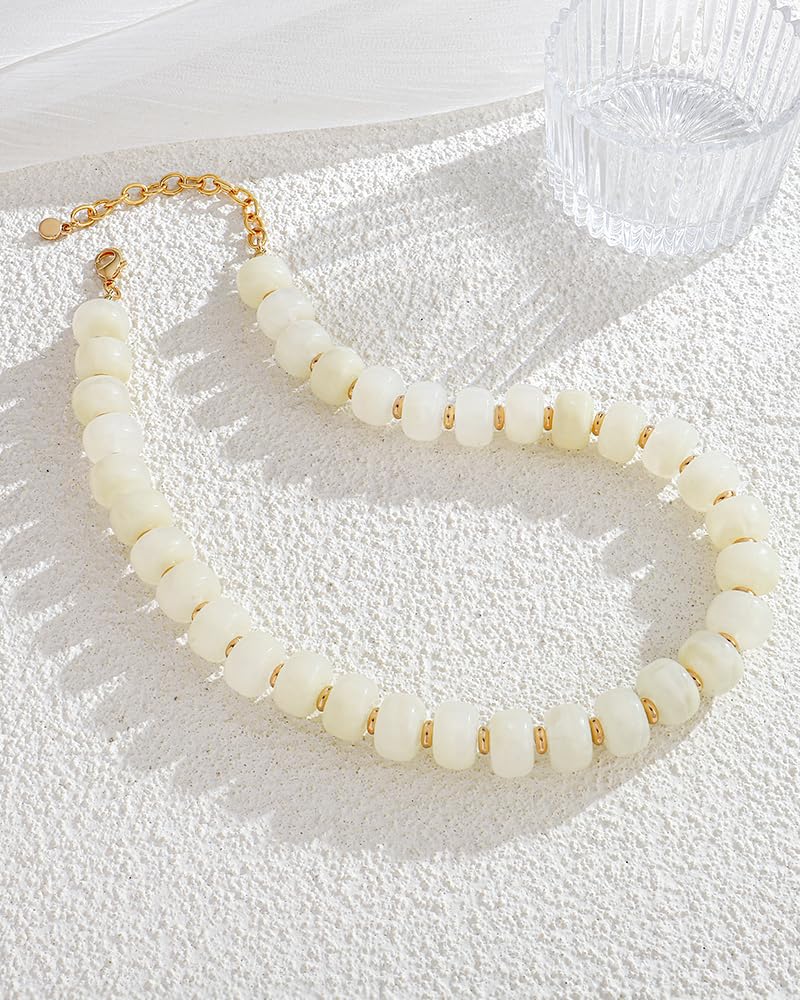 FAUTHENTICUTE White Resin Beaded Necklace for Women Boho Statement Necklaces Trendy Summer Beach Jewelry Western Style White Bead Necklace Everyday Layered Choker Necklaces for Women