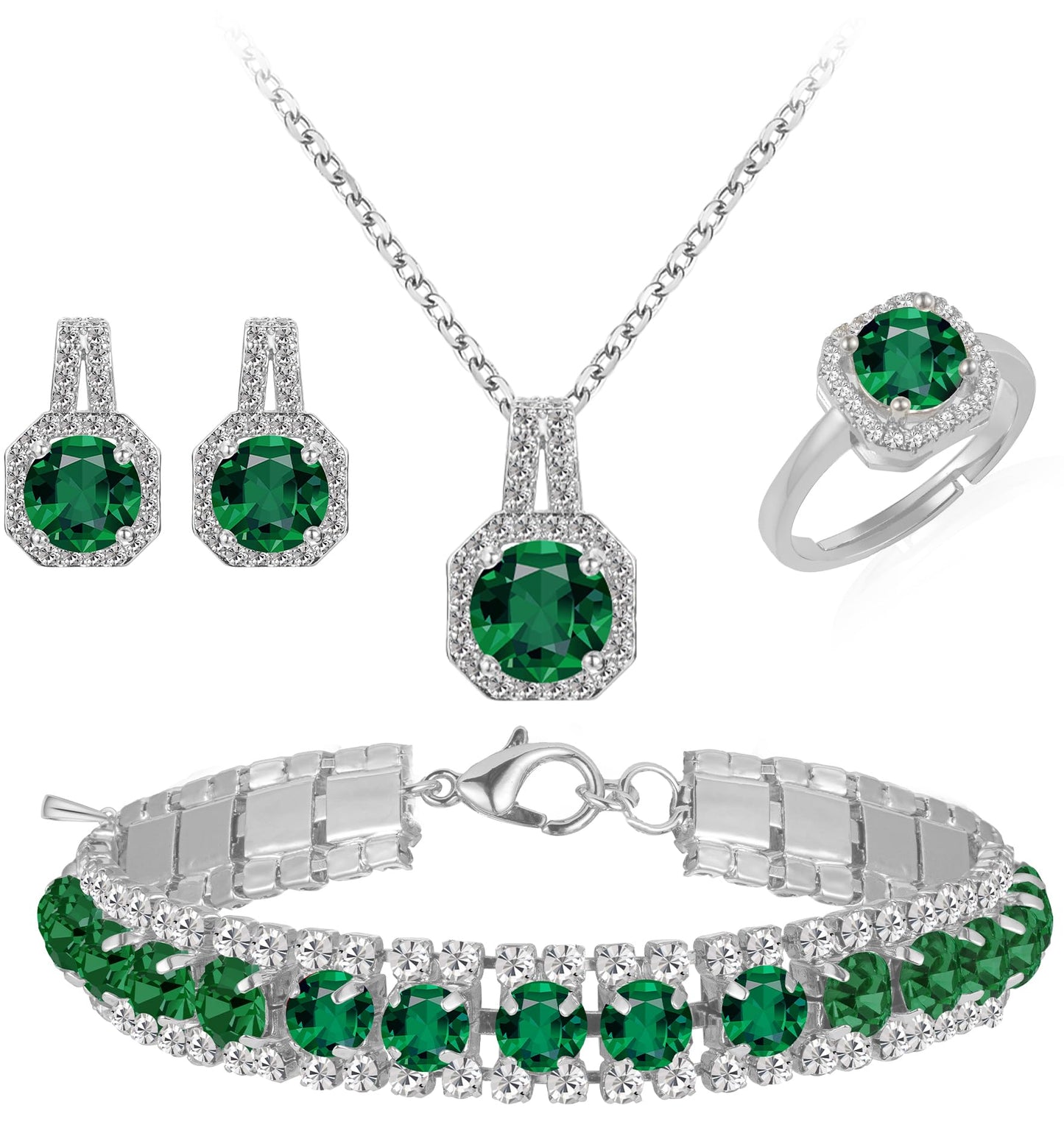 4pcs Wedding Jewelry Sets for Bride & Bridesmaid - Cubic Zirconia Pendant, Earrings, Link Tennis Bracelet & Open Ring Set (Silver Plated Emerald Green Cubic Zirconia)