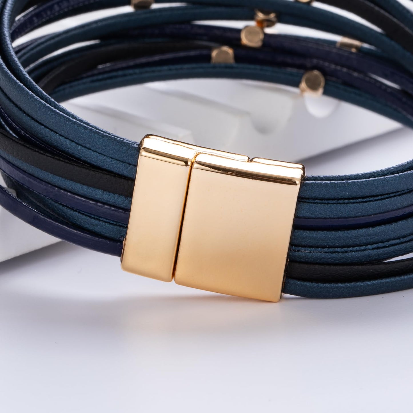 FANCY SHINY Beaded Leather Wrap Bracelets Cute Boho Stackable Bangle Cuff with Magnetic Clasp Layered Trendy Jewelry for Women(Navy Blue)