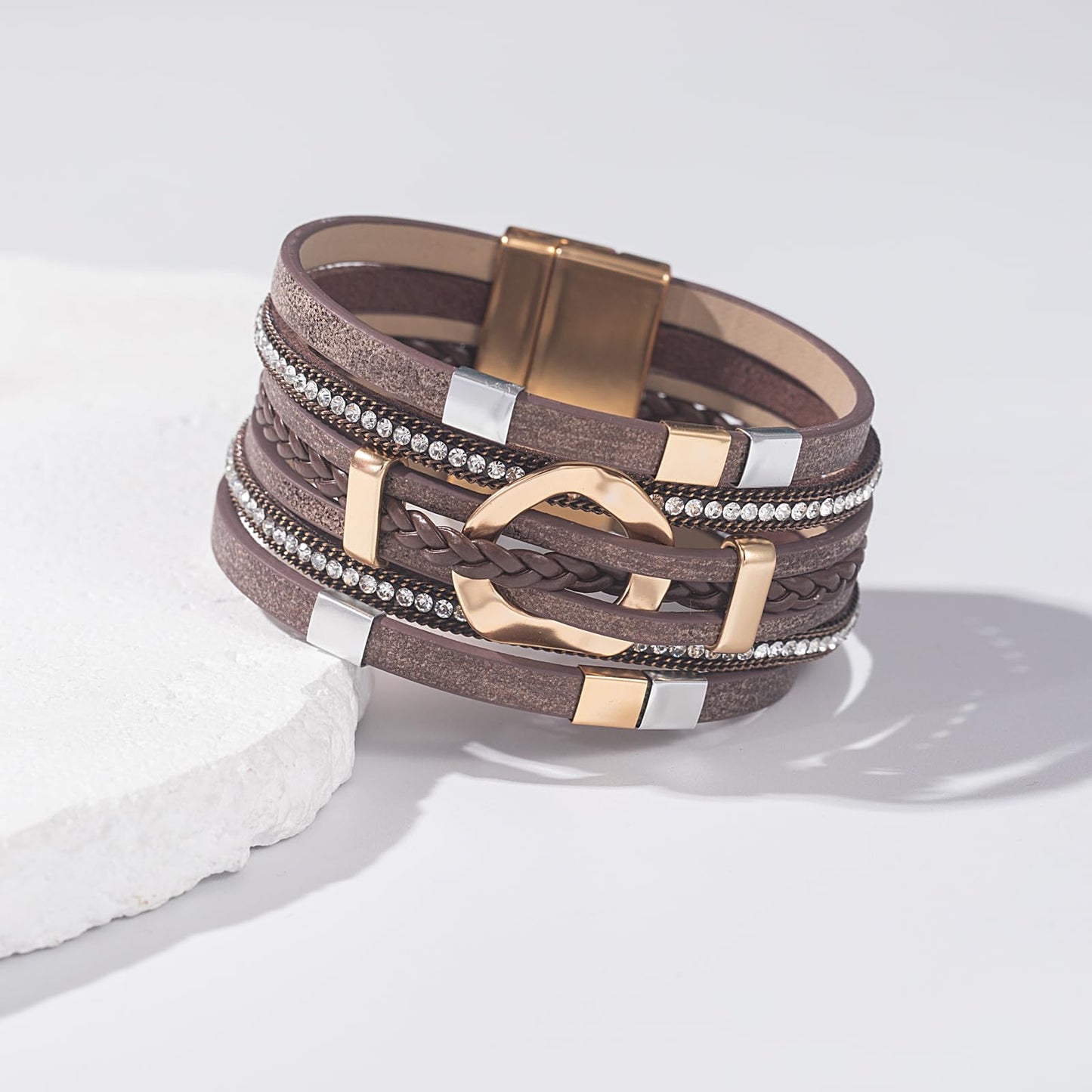 FANCY SHINY Boho Leather Wrap Bracelets Circle Square Bead Braided Handmade Stackable Bracelet Trendy Cuff Bangle for Women(Brown)