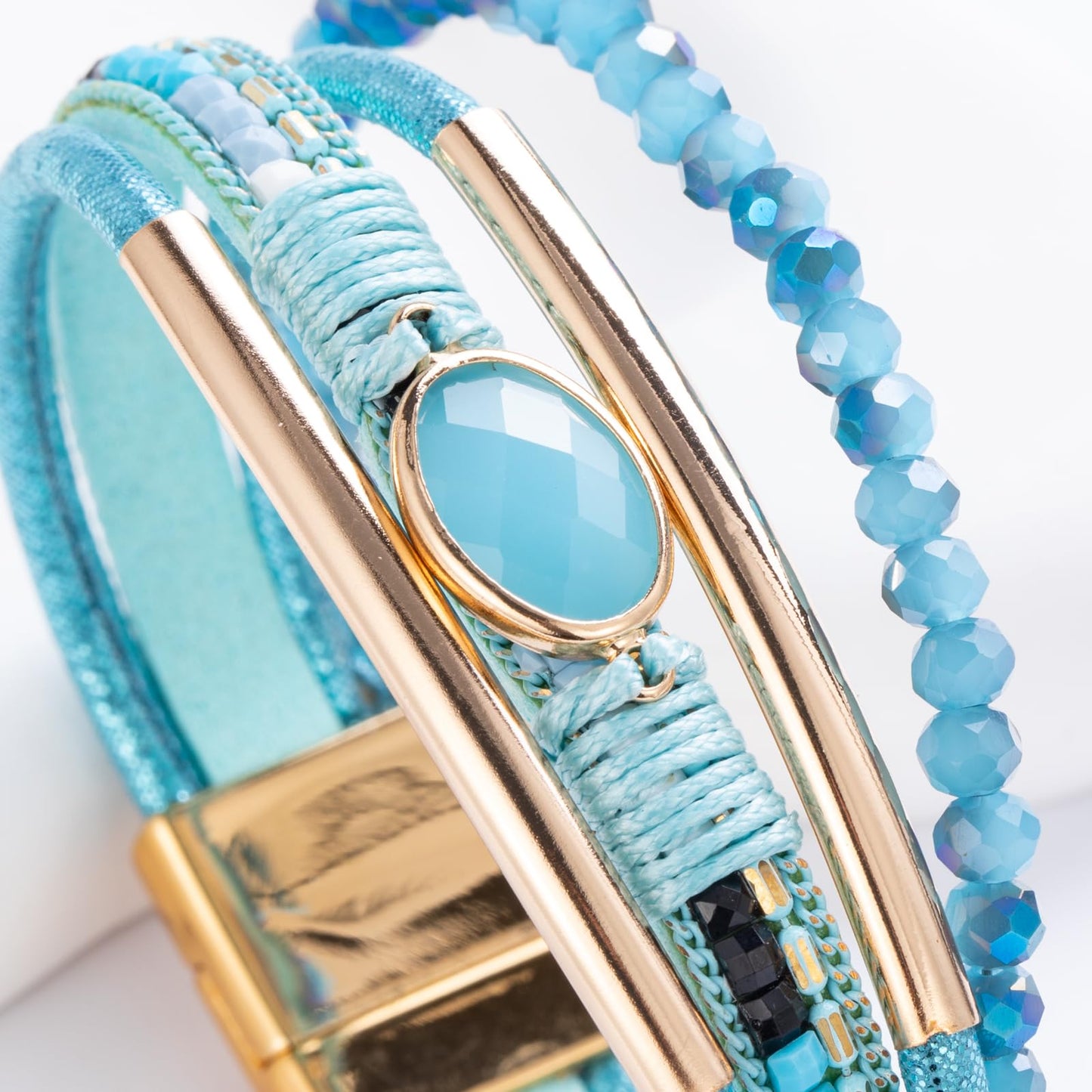 FANCY SHINY Leather Wrap Bracelets Crystal Beads Bracelet Boho Cuff Stone Charm Bracelets with Clasp Costume Jewelry for Women(Teal)