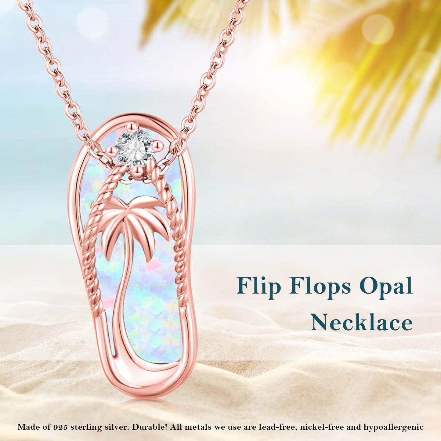 Midir&Etain Rose Gold Plated Flip Flop Necklace 925 Sterling Silver Palm Tree Hawaiian Pendant White Opal Suffer Sea Necklace Flip-Flop White Opal Jewelry for Women Prime