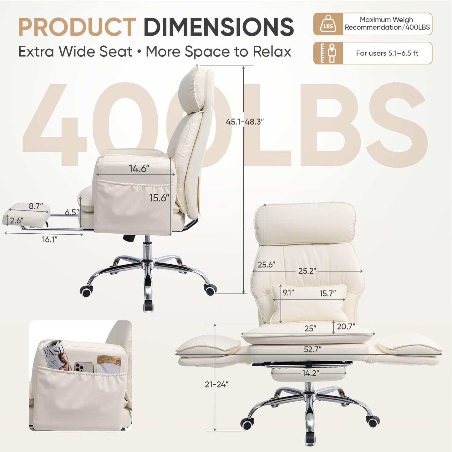 EGSEAT Big and Tall Office Chair with Flip Armrests, Cross Legged Office Chair with Storage Pockets, Comfortable Reclining Computer Chair with Footrest, Wide Home Office Desk Chair, Leather, Beige