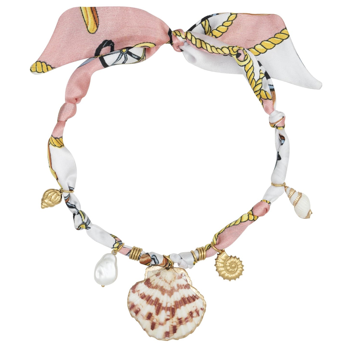 DoDoBeads Scarf Charm Necklace – Shell Romance – Pink Nautical Scarf Necklace with Stainless Steel Shells & Pearl Charm, Adjustable Bandana Jewelry for Women