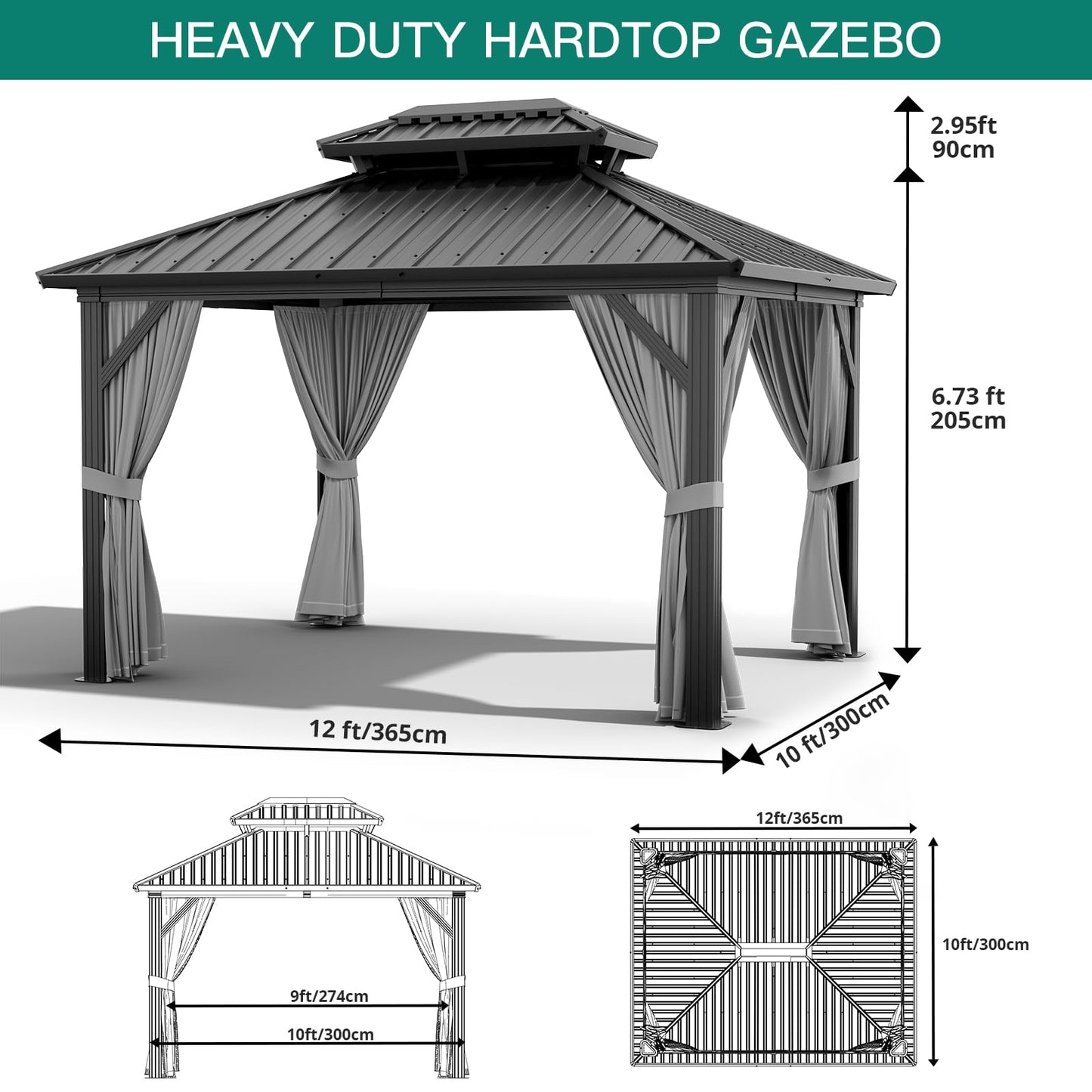 12' x 10' Hardtop Gazebo with Curtains and Netting, Permanent Outdoor Patio Gazebo with Aluminum Frame and Double Polycarbonate Roof for Backyard, Lawn, Deck and Garden