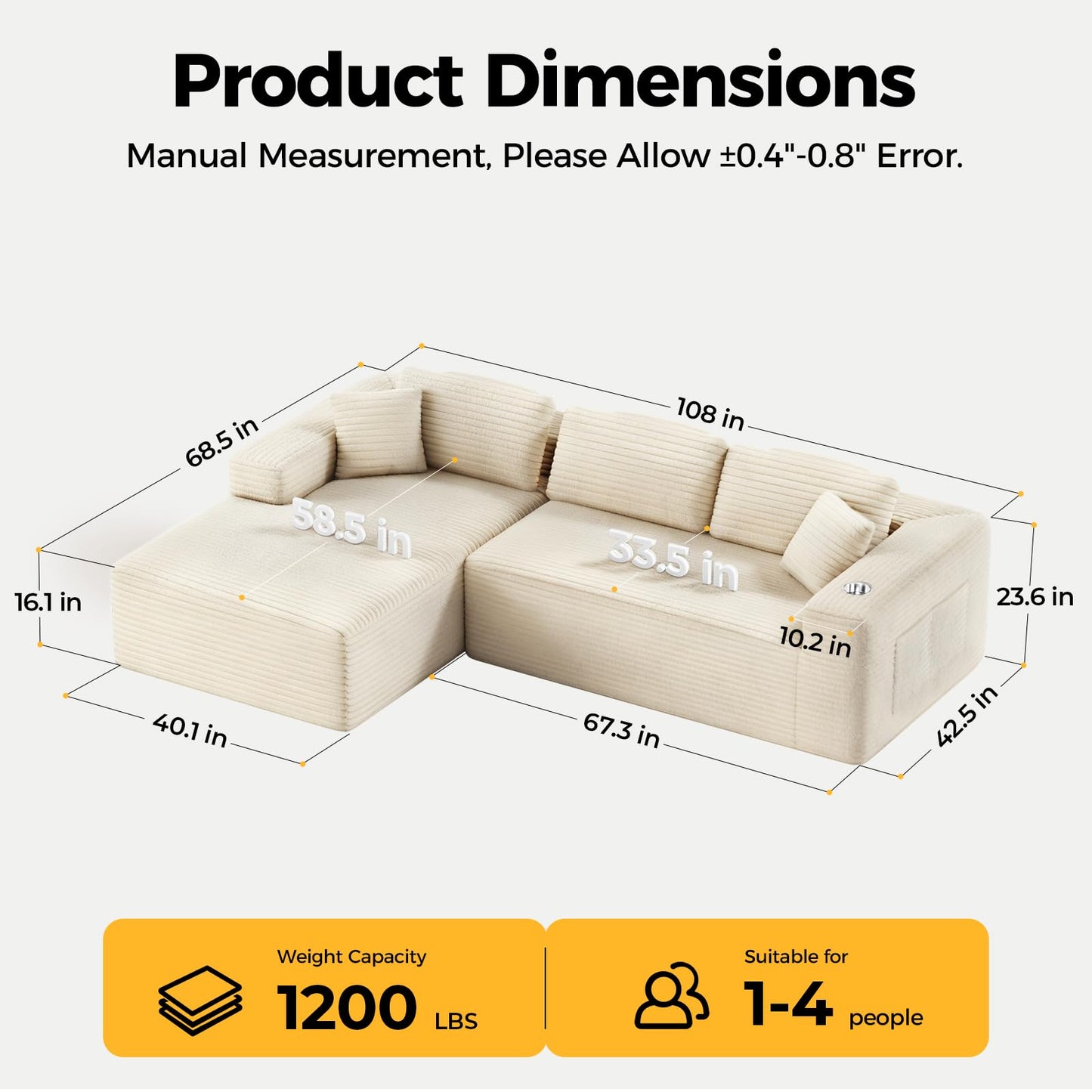 CAMMOO 108” Cloud Sectional Couch in One Box, Compressed Modular Sectional Sofa with Deep Seat, Corduroy Boneless Couches, L-Shaped Sofa for Living Room, 4 Storage Pockets(Left Facing Chaise, Beige)