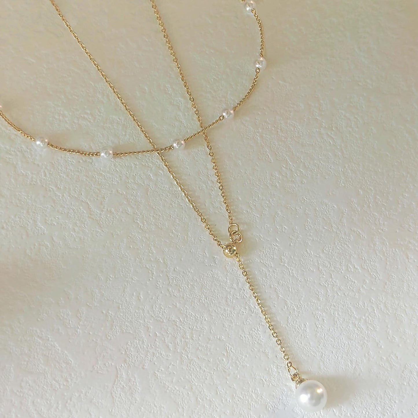 OGD Pearl Necklaces for Women Trendy 14K Gold Plated Dainty Pearls Satellite Choker Strand Handmade Delicate Wedding Pearl Gold Lariat Pendant Long Necklace Simple Cute Jewelry Gifts for Women