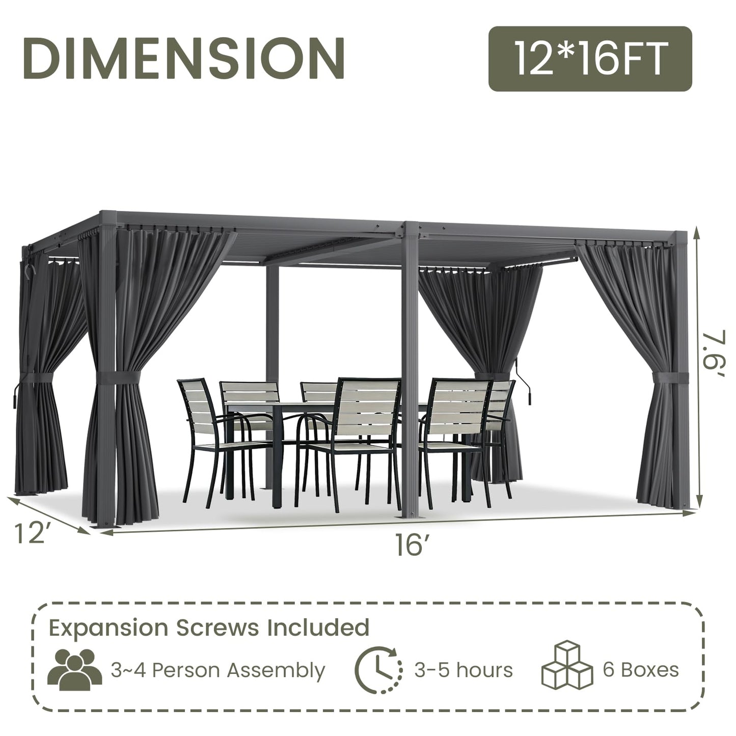 SAILARY Louvered Pergola 12' x 16' with Waterproof Curtains, Outdoor Aluminum Pergola with Reinforced Steel Roof, Heavy-Duty Hardtop Gazebo, Privacy Shaded Shelter, Grey