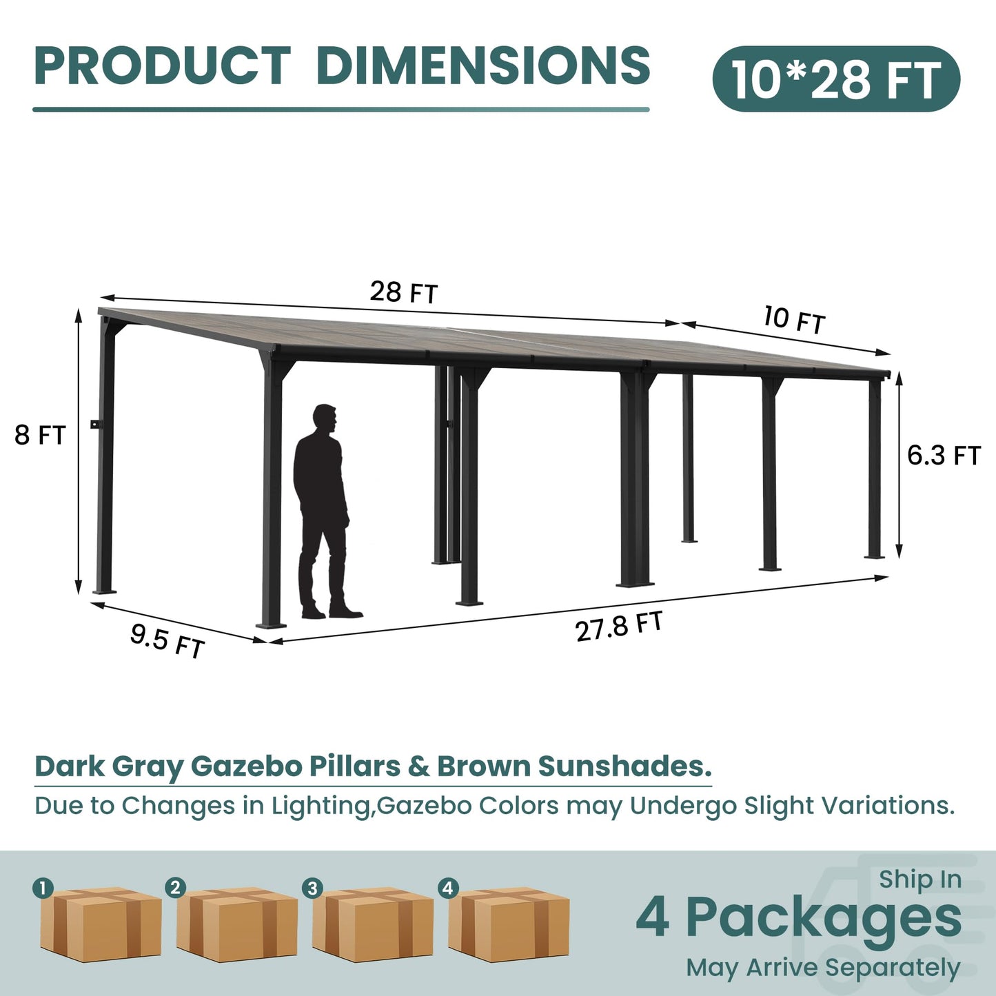 Patiopia 10 * 28FT Pergola,4 * 9 Inch Thickened Pillars & Enlarged Base,Outdoor Hardtop Lean to Gazebo,Wall Mounted Pergola,Pergolas Gazebos Clearance,Aluminum Frame Pergola,UV Resistant Patio Roof