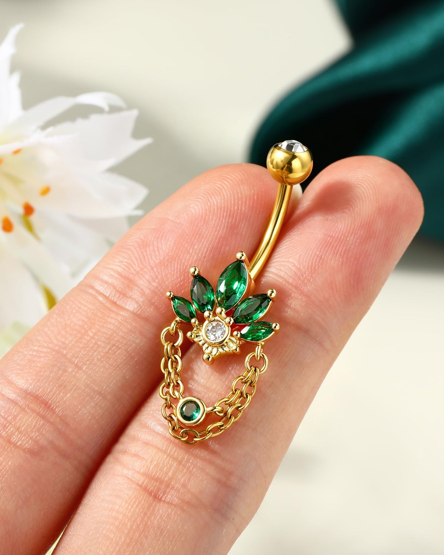 COCHARM Green Lotus Belly Button Rings, 14G 5A CZ Navel Rings for Women, Dangle Belly Navel Piercing Jewelry Stainless Steel