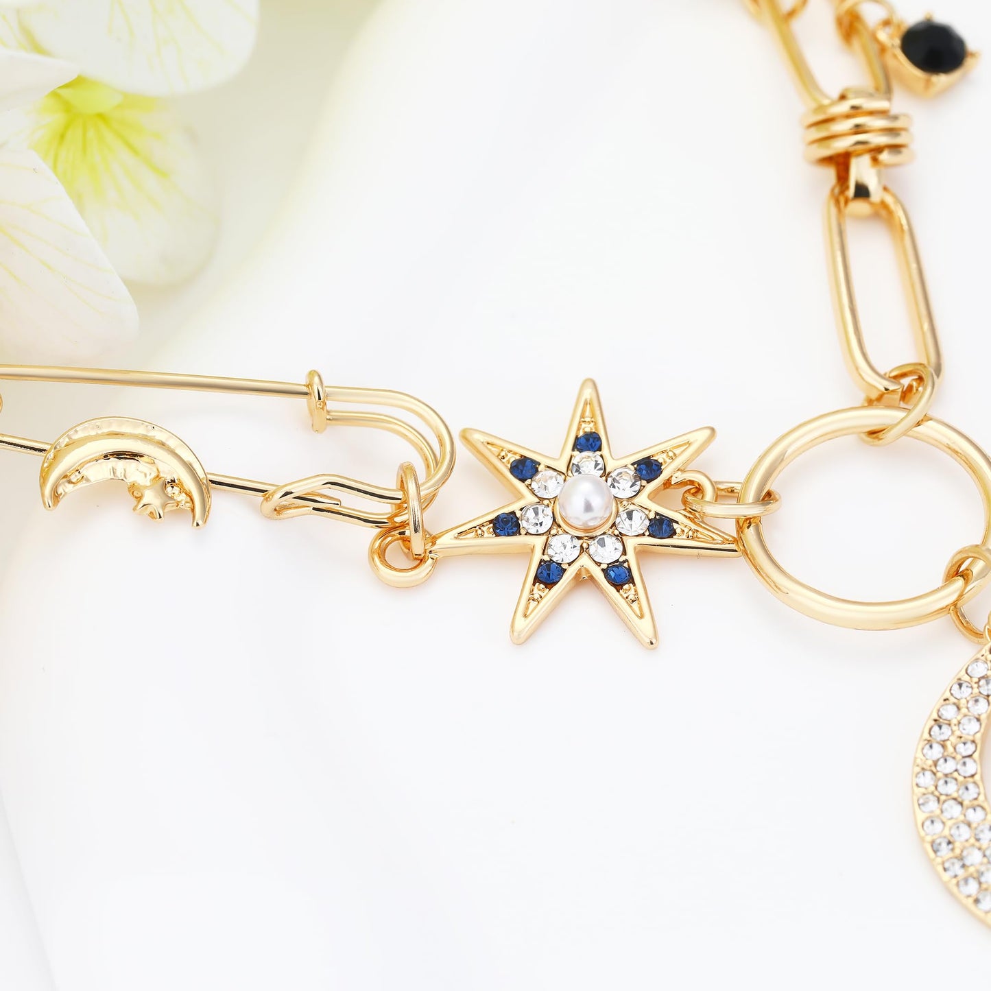 BONJOULRY Charm Necklace for Women Gold Moon and Star Charms Pendant Necklace Vintage Dainty Paperclip Chain Chunky Boho Gothic Y Choker Necklace Jewelry Gifts Celestial