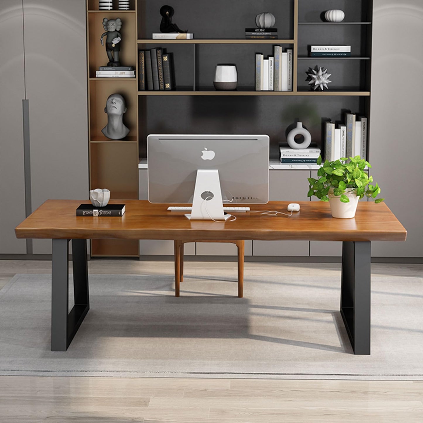 tiedingdingjiaju Modern Solid Wood Executive Desk – Spacious and Minimalist Home Office Workstation Perfect for Writing and Professional Use (Light Brown, 55.12)
