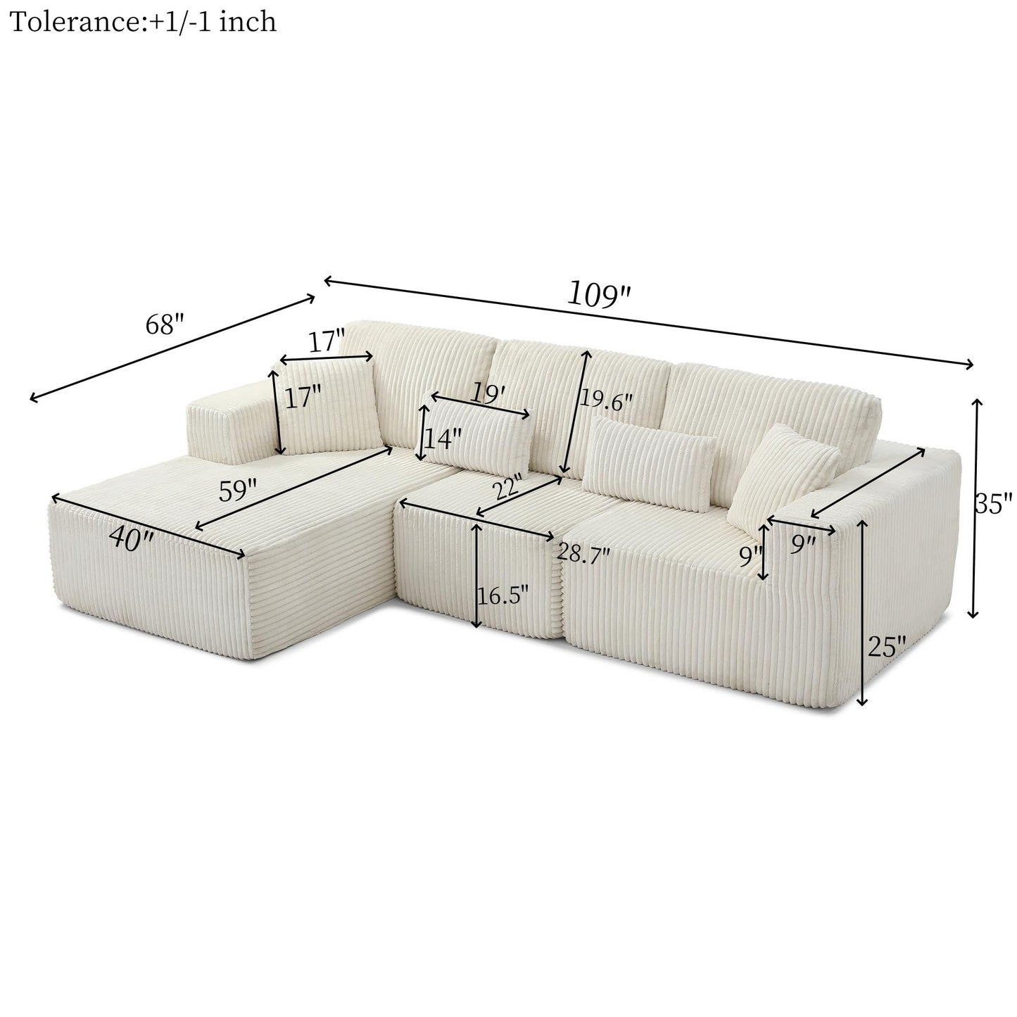 109" Modular L-Shaped Corner Cloud Sofa Corduroy Modular Couches with Deep Seat, 3 Pieces Compressed Boneless Sofa W/Right Chaise Lounge and 4 Pillows for Living Room