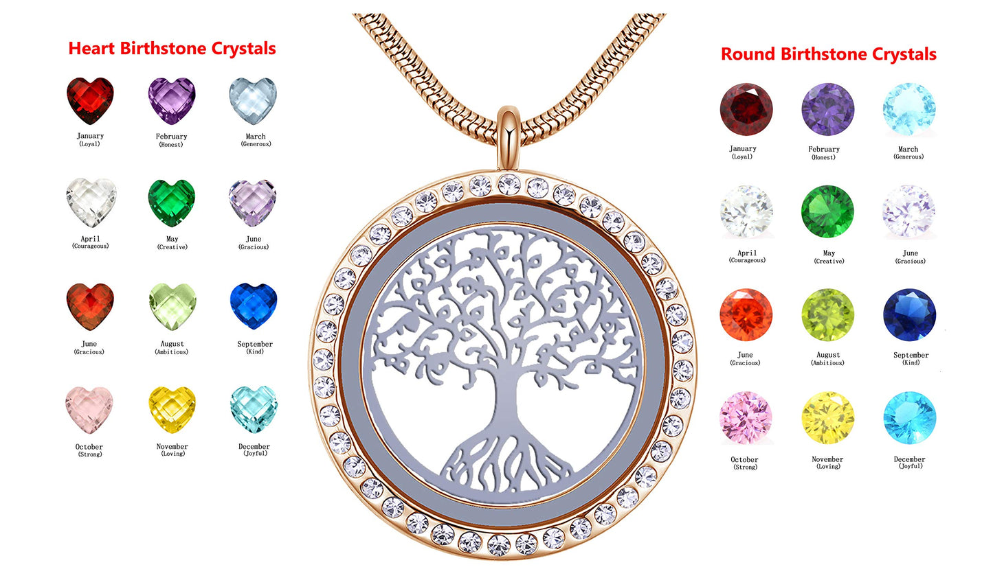 18K Gold Plated Tree of Life Floating Locket Family Necklace Pendant with 24Pcs Birthstones, Best Gift for Mom Mother Mummy Grandma Nana Aunt Niece Women