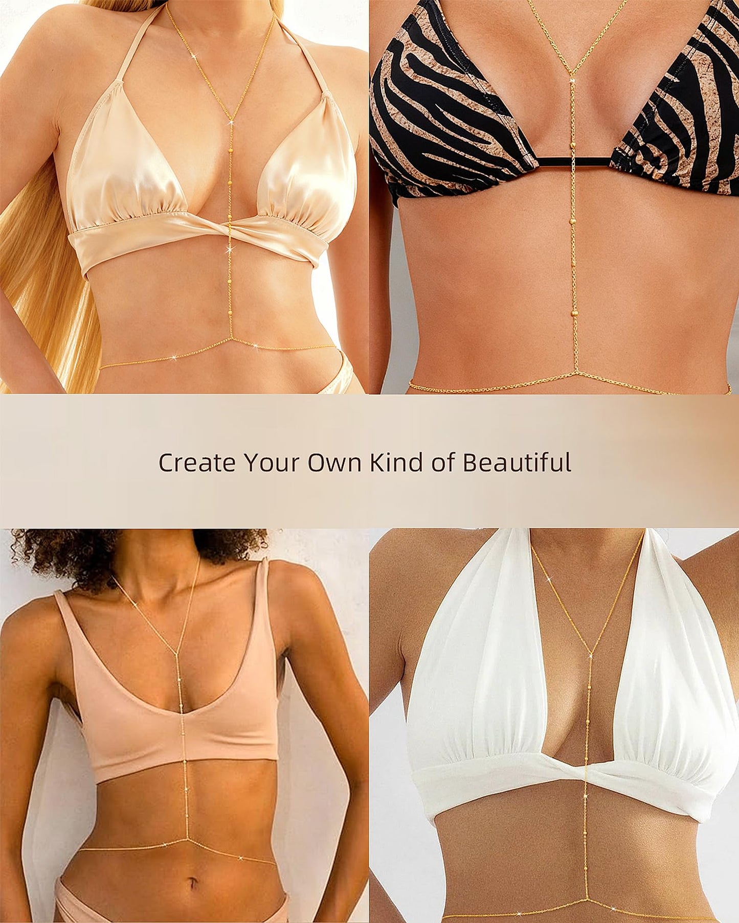 Gold Body Chain Jewelry for Women Fashion: Belly Waist Chain Bra Waterproof for Stomach Belt Hip Chest Beach Bikini Plus Size Hypoallergenic Surgical Stainless Steel 18K Gold - Beaded