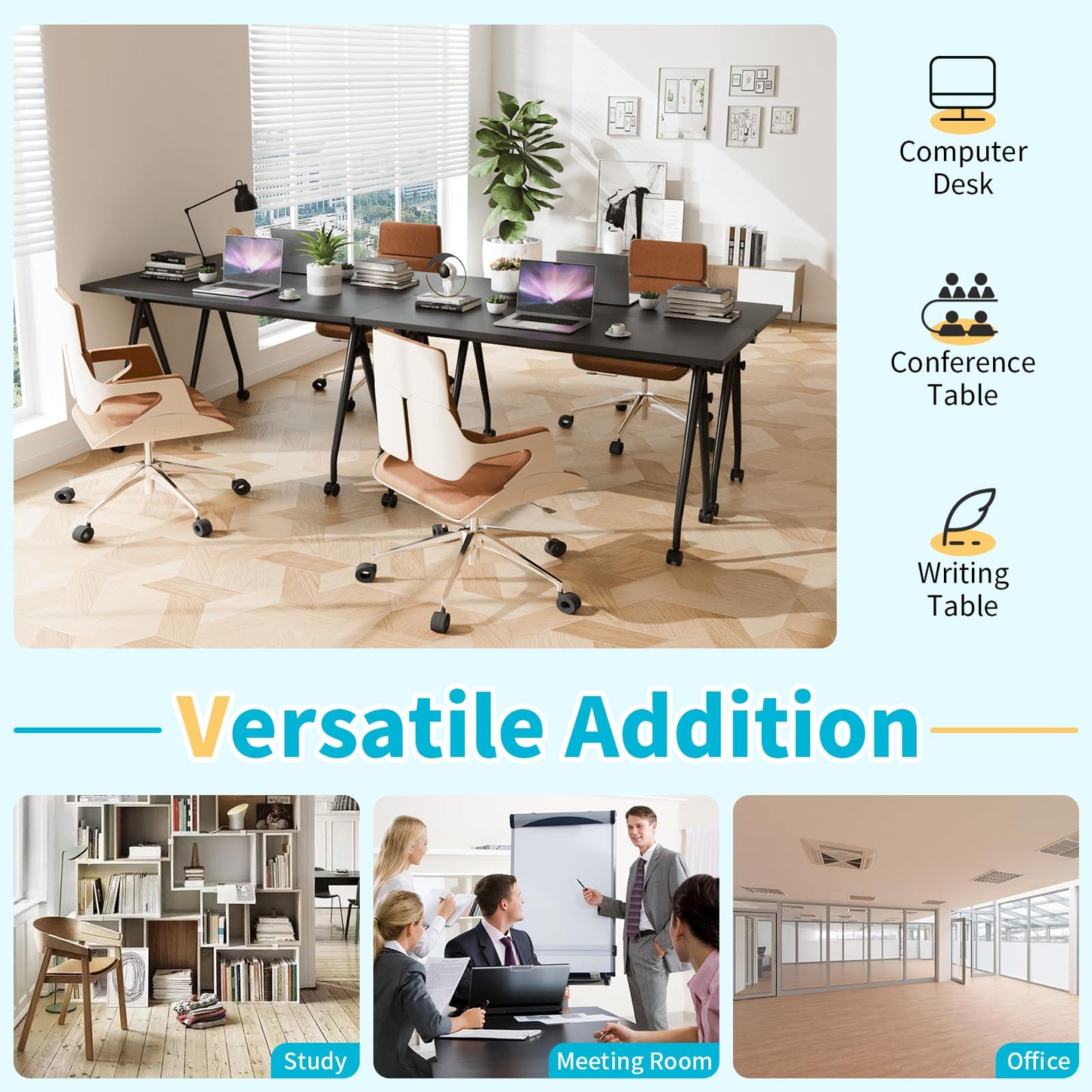 Conference Table with Wheels, Folding Conference Table with Knob & 4 Brake Casters, Modular Flip Top Mobile Conference Room Table for Office, Meeting, Training Room, Class (6, Black, 55.1in)