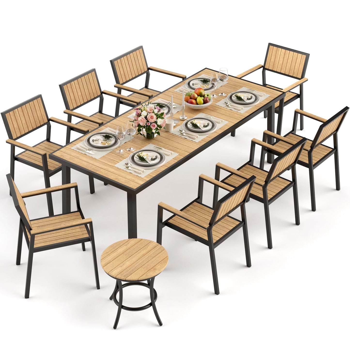 Pamapic 10-Piece Outdoor Dining Set, Patio Aluminum Furniture with Plastic-Wood Table Top & 8 Stackable Chairs, Outdoor Furniture Set for Patio Garden Poolside (Teak)