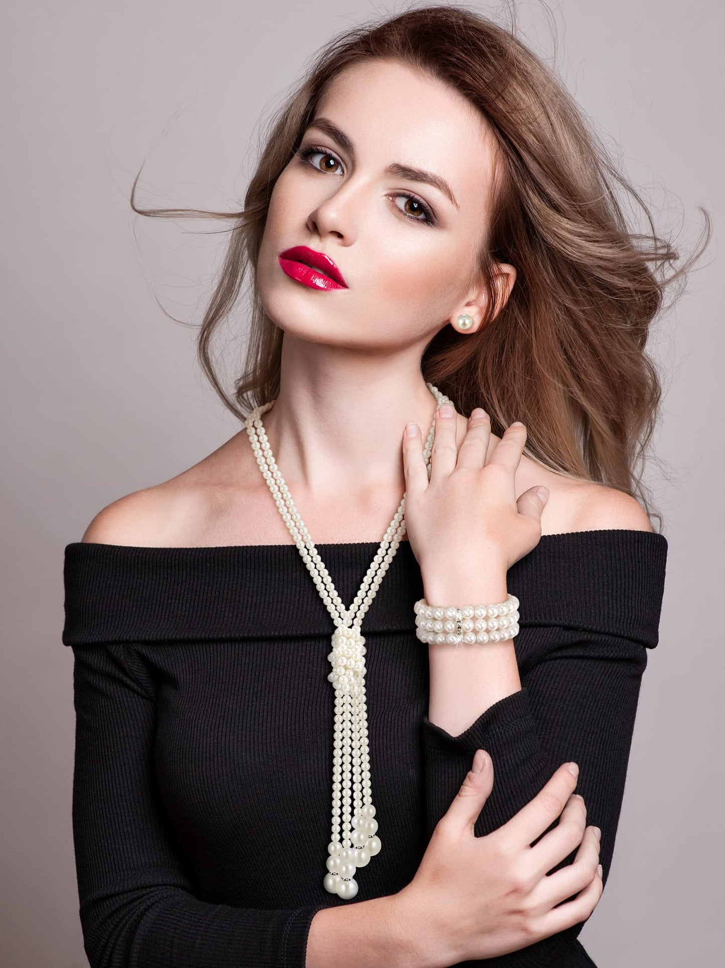 Glenmal Pearl Rhinestone Jewelry Set for Women Pearl Necklace Bracelet Earrings for Wedding Birthday Bridal Shower Tea Party(Vintage Style)