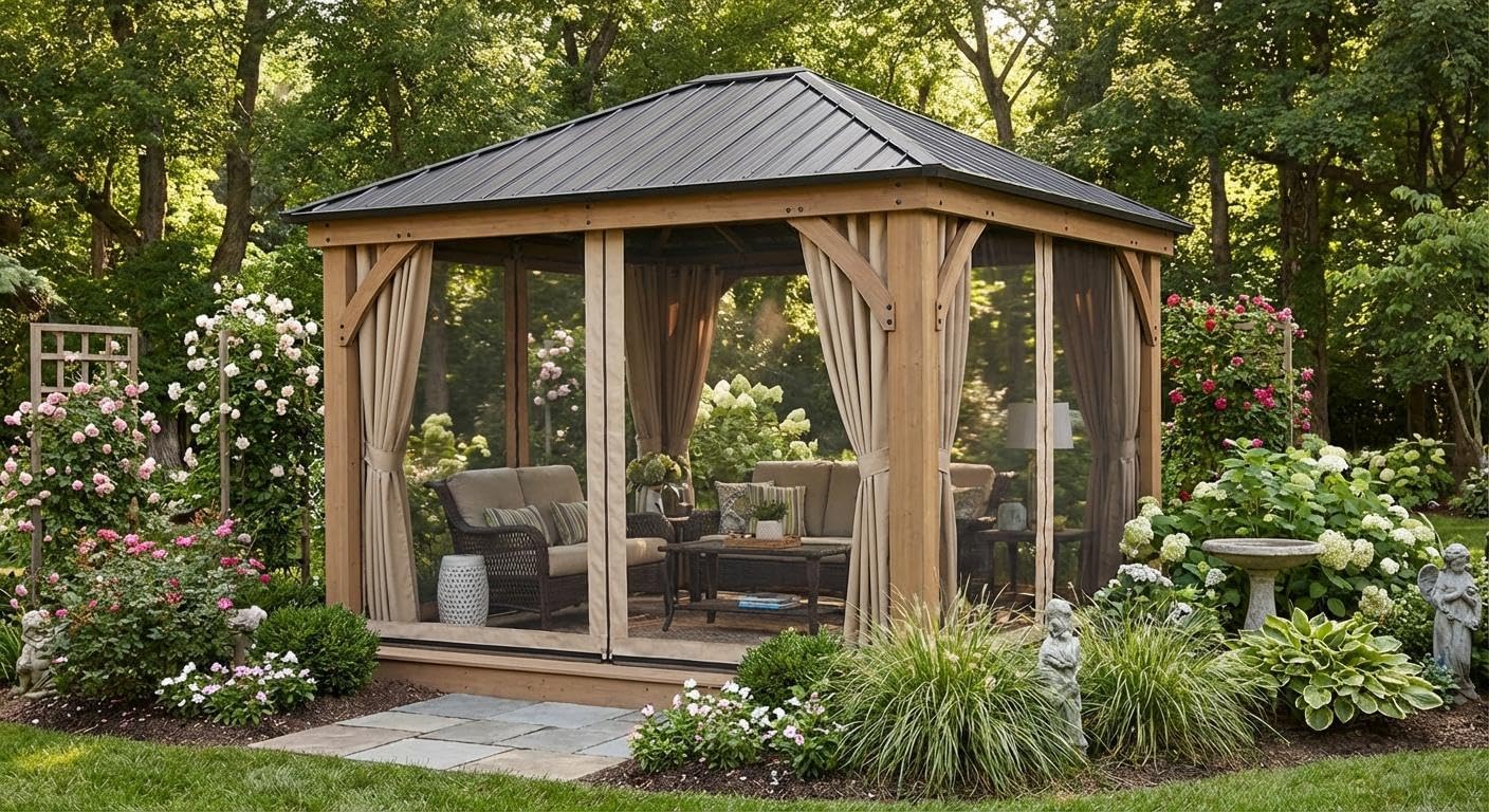 10’X10’ Spruce Wood Hardtop Gazebo with Double Metal Roof, Heavy-Duty 4.7" Poles, Curtains & Netting, All-Weather Outdoor Pavilion for Patio, Deck, Backyard, Lawn, Khaki – Easy Assembly