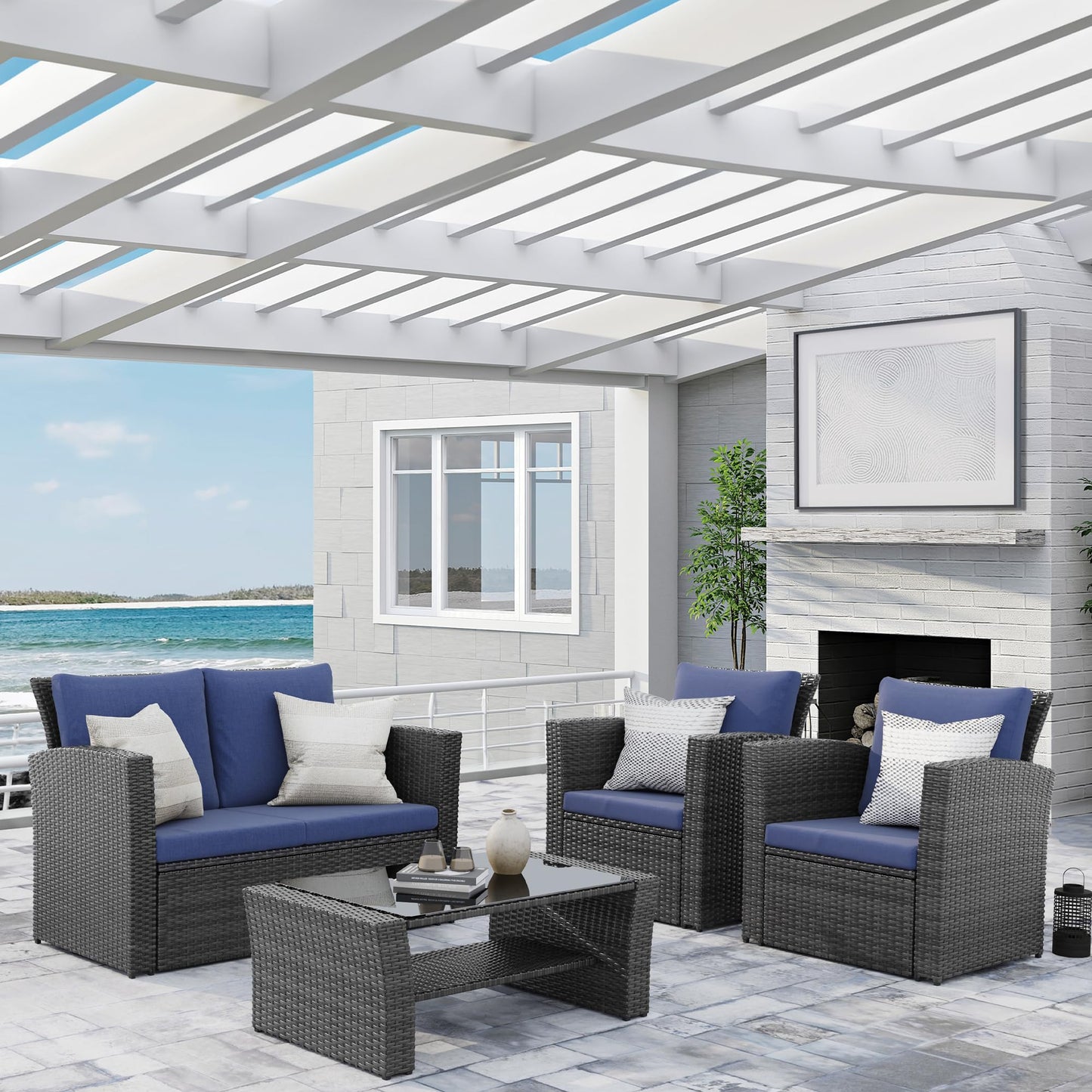 Wisteria Lane Patio Furniture Set, Wicker Outside Outdoor Furniture for All Weather, Patio Sofa with High Backrest Support and Wide Armrest for Backyard, Balcony, Deck, Porch, Blue