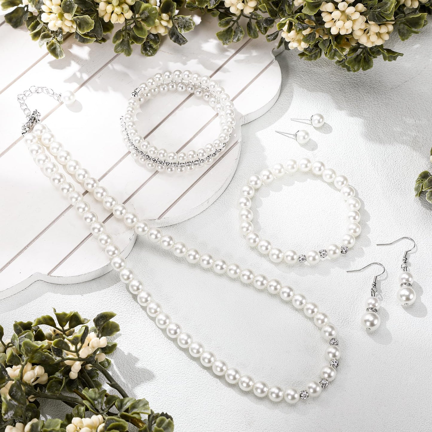 Glenmal Pearl Rhinestone Jewelry Set for Women Pearl Necklace Bracelet Earrings for Wedding Birthday Bridal Shower Tea Party (Novel Style)