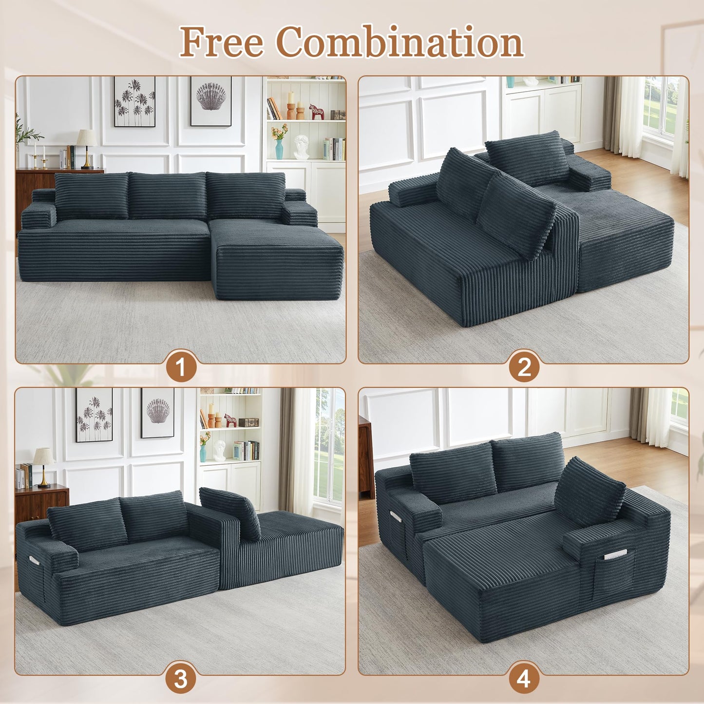 96" Modular Sectional Sofa, Cloud Sectional Couch with Deep Seat, Modern L-Shape Corner Sofa Couch with Right Facing Chaise,Upholstered Boneless Couches for Living Room Bedroom