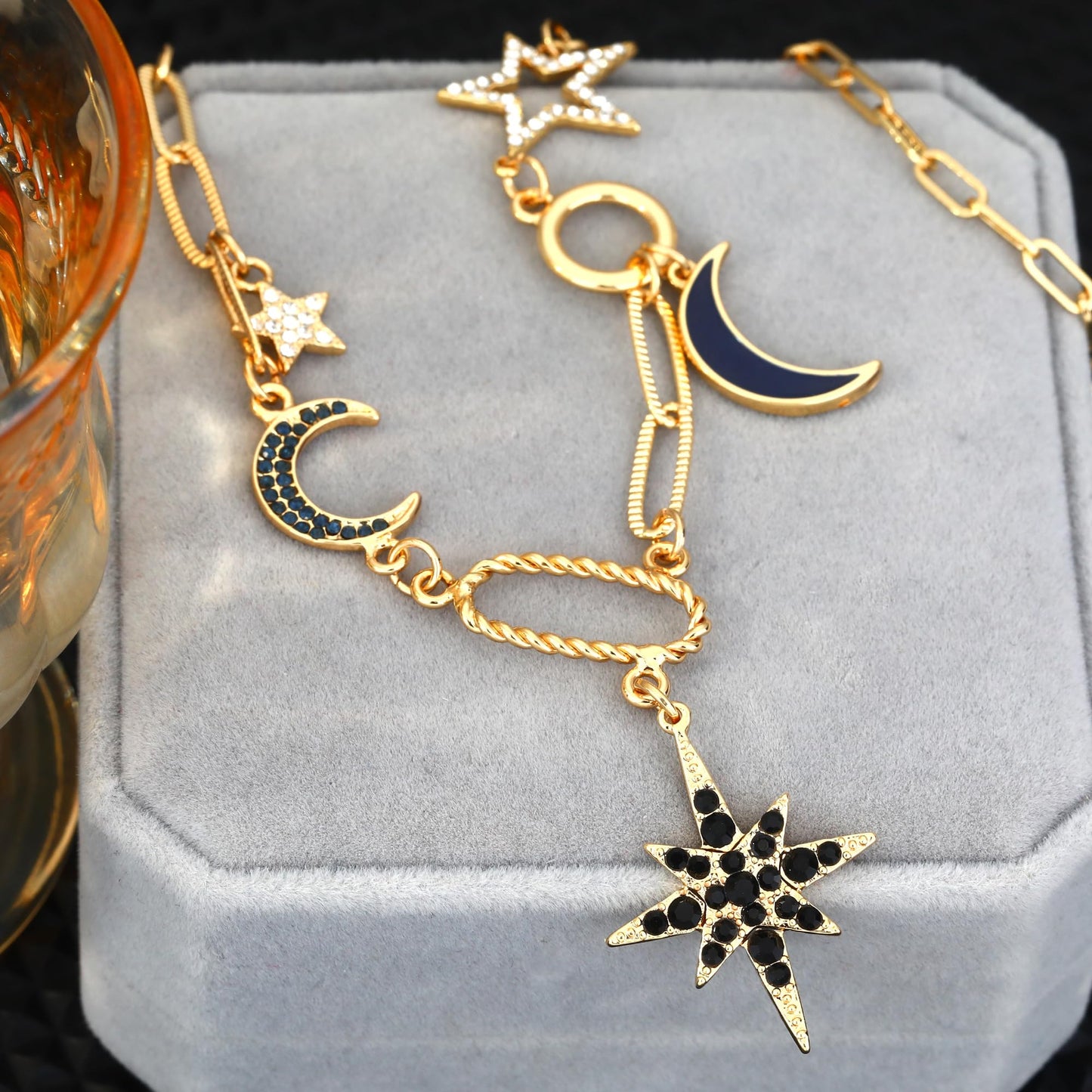 BONJOULRY Charm Necklace for Women Gold Moon and Star Charms Pendant Necklace Vintage Boho Gothic Paperclip Chain Chunky Choker Y Necklace Jewelry Gifts Celestial Black