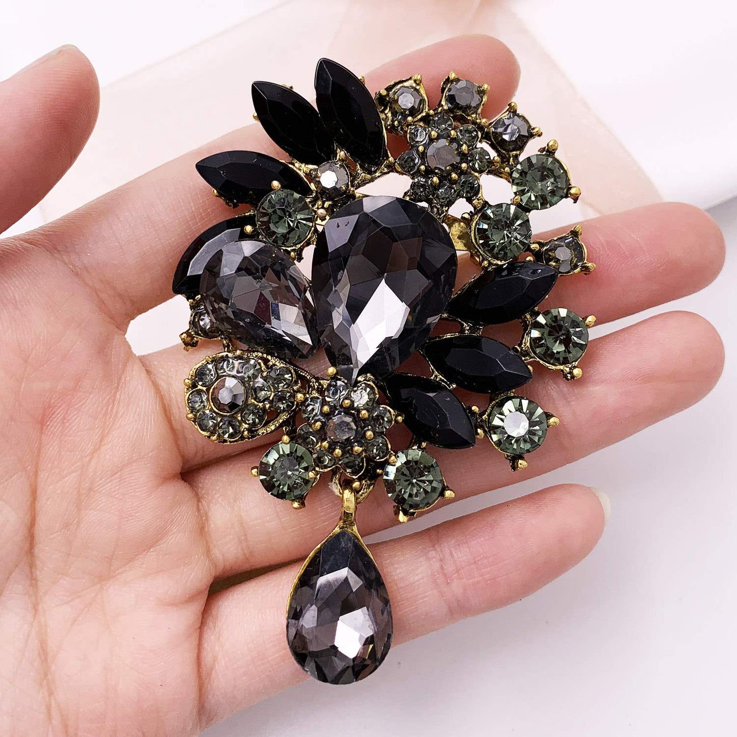 LAXPICOL Wedding Bridal Big Black Crystal Rhinestone Bouquet Teardrop Brooch Pin for Women Golden Tone