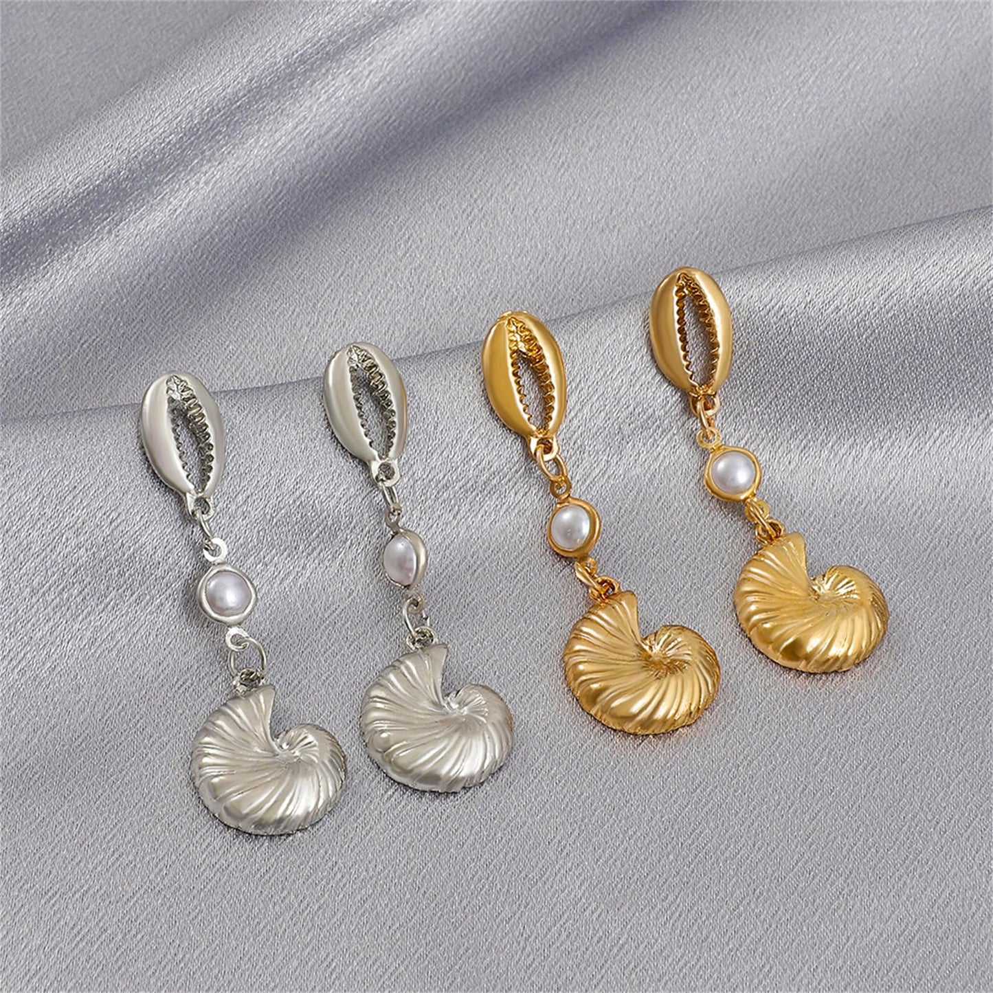Asymmetric Starfish Seashell Earrings Gold Plated Boho Handmade Charm Cowrie Sea Shell Conch Star Ocean Animals Long Dangle Drop Earrings for Women Hawaii Summer Beach Party Holiday Jewelry Gifts (Silver conch earring)