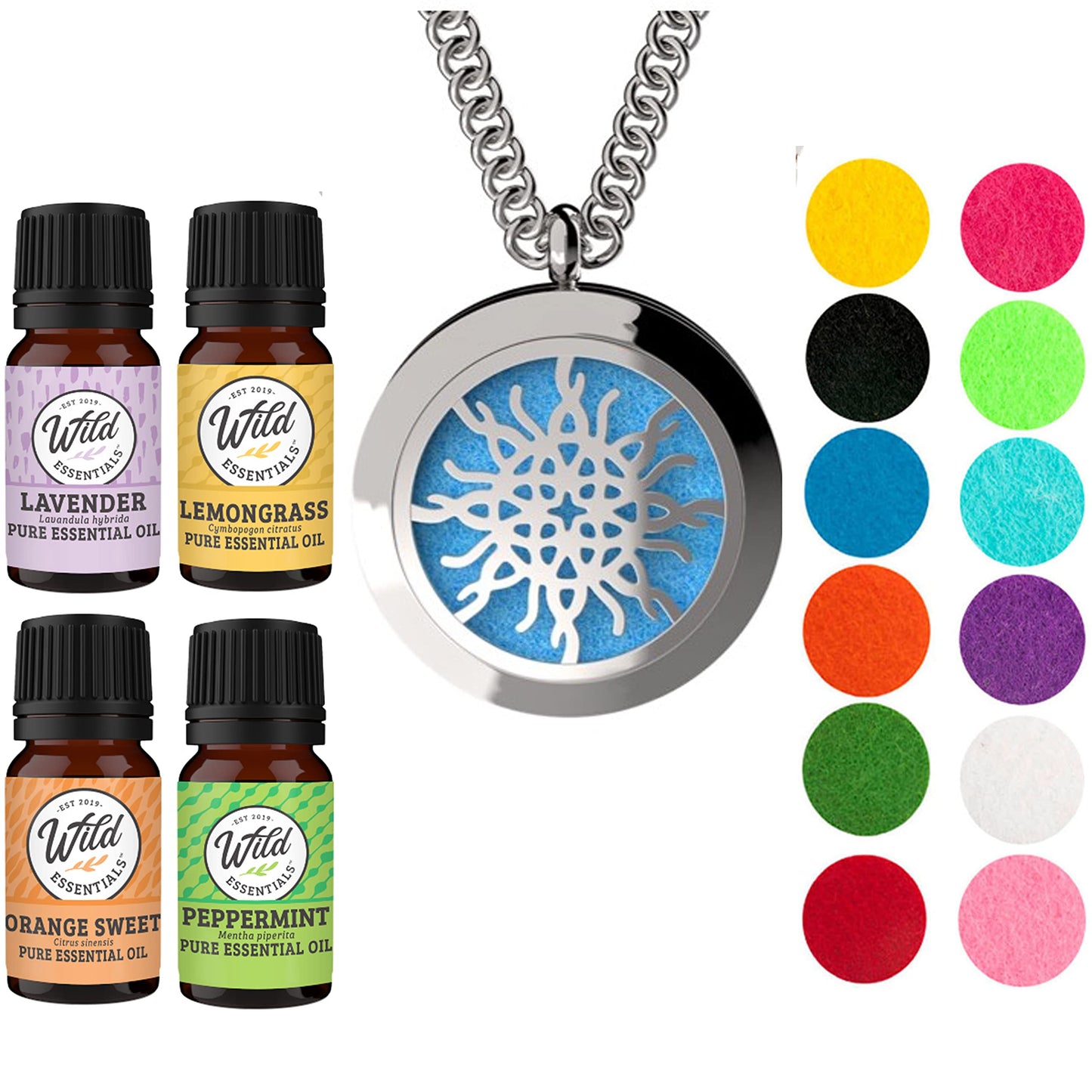Wild Essentials Love Knot Necklace Essential Oil Diffuser Kit with Lavender, Lemongrass, Peppermint, Orange Oils, 12 Refill Pads, Calming Aromatherapy Gift Set, Customizable Color Changing, Perfume