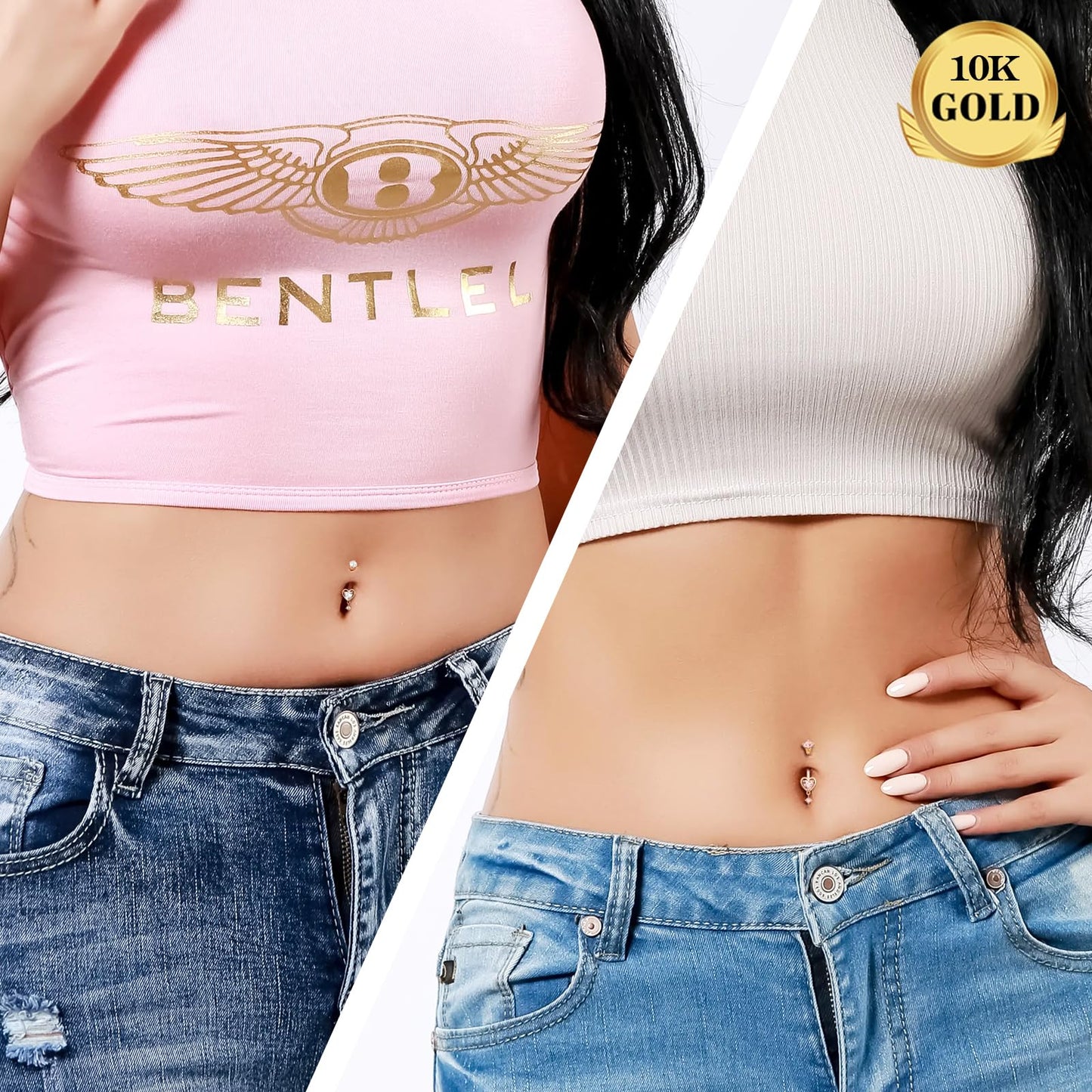 Melighting 10K Solid Gold Belly Button Ring Heart Belly Ring Gold Dangle Belly Piercing Jewelry 14G Navel Ring for Women
