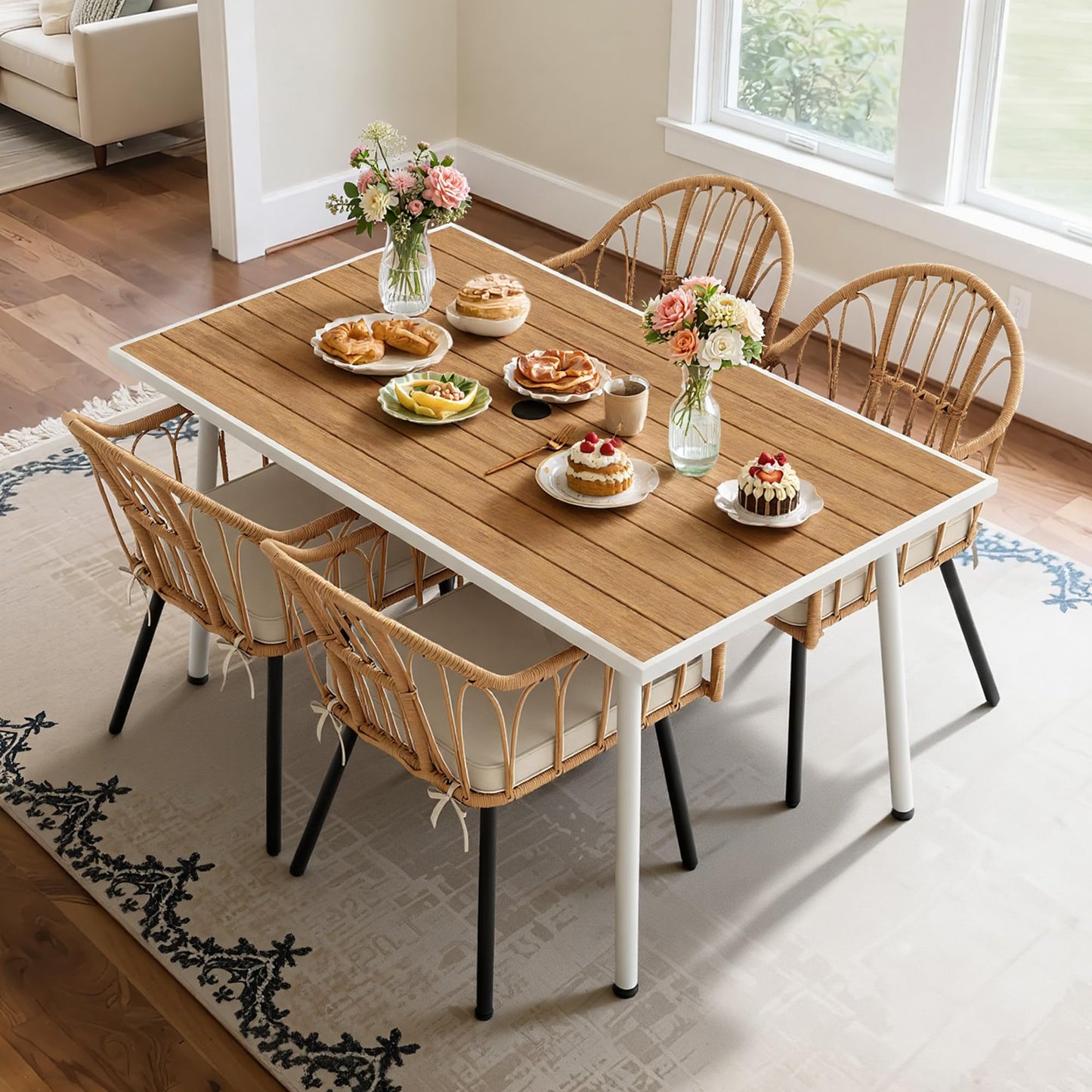 YITAHOME Outdoor Patio Dining Set 5pcs 59" Outdoor Table and Chairs Patio Dining Furniture Sets for 4/6 with Umbrella Hole Outdoor Dining Table Set for Garden Lawn Porch Indoor Brown