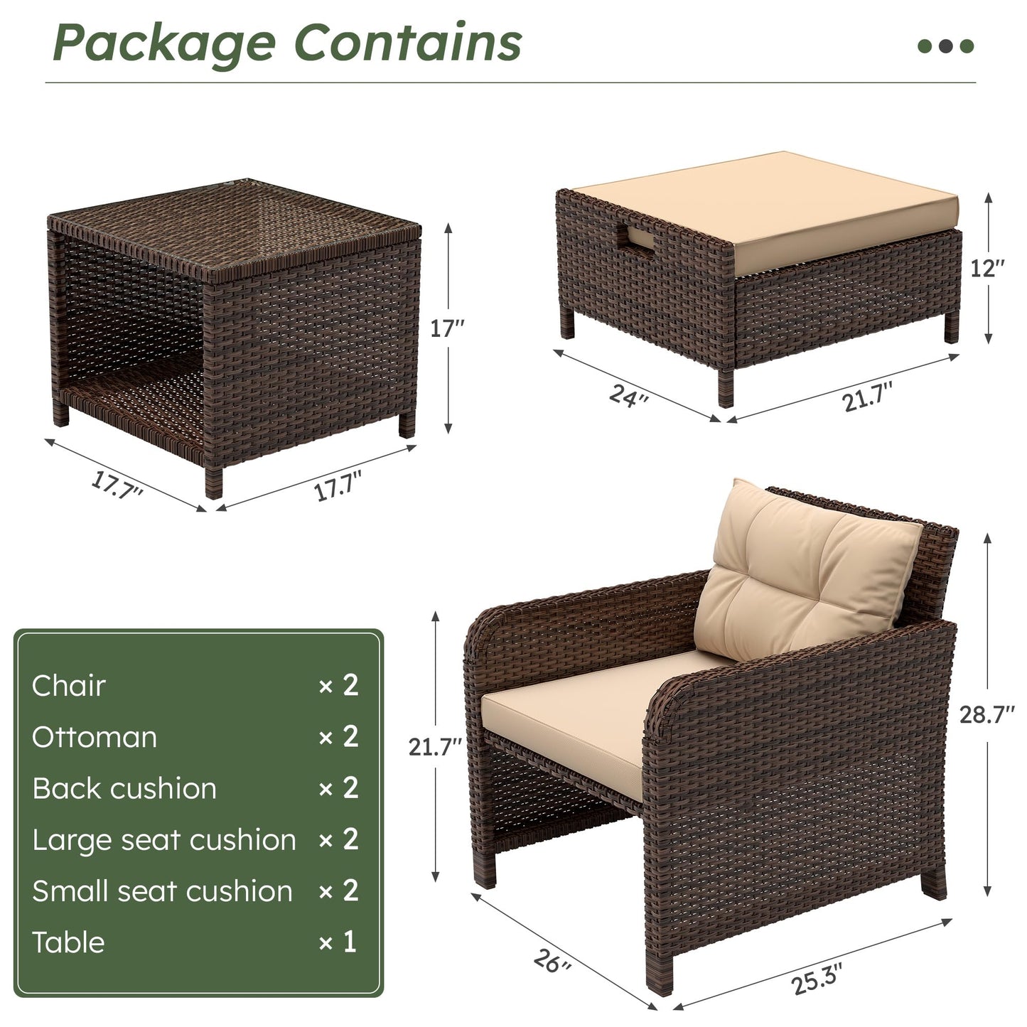 LHBcraft Balcony Furniture 5 Piece Patio Furniture Set, PE Rattan Patio Chairs Conversation Set with Soft Cushions 2 Ottoman & Table for Porch, Lawn, Garden, Beige