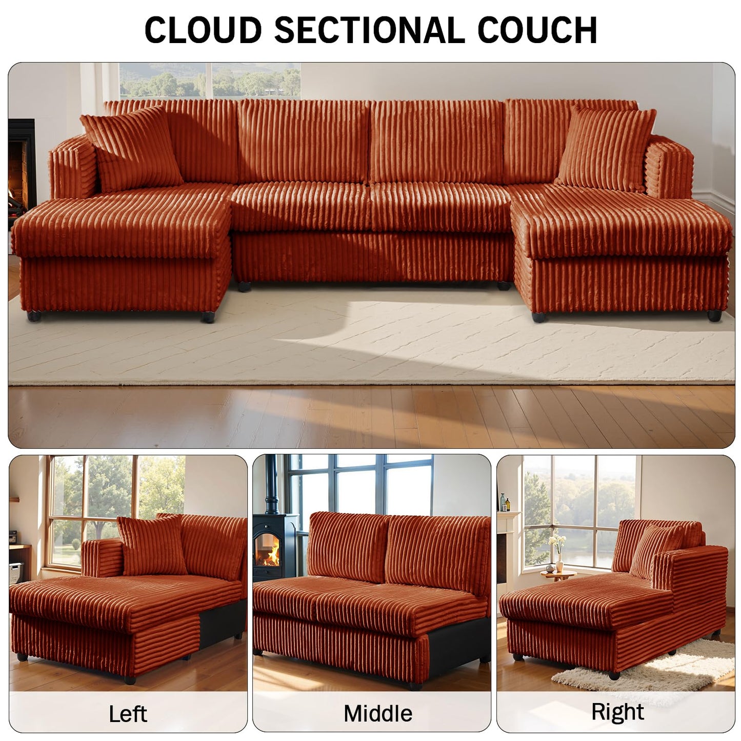 123" U-Shaped Modular sectional Sofa, Two L-Shape Chaise with 2 Cloud Couch sectional with Two Pillows, couches for Living Room (Darkbrown)