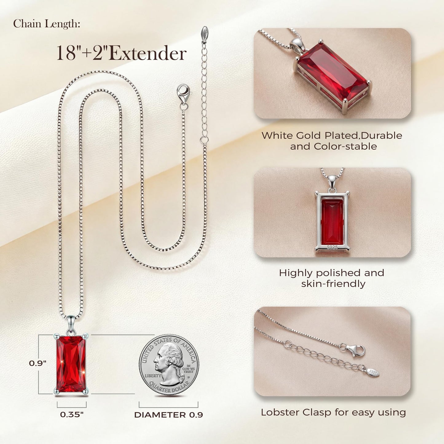 Kuschelkatze 8mm x 16mm Square July Birthstone Ruby Pendant Necklace – Fashion charming Sterling Silver Gift for women
