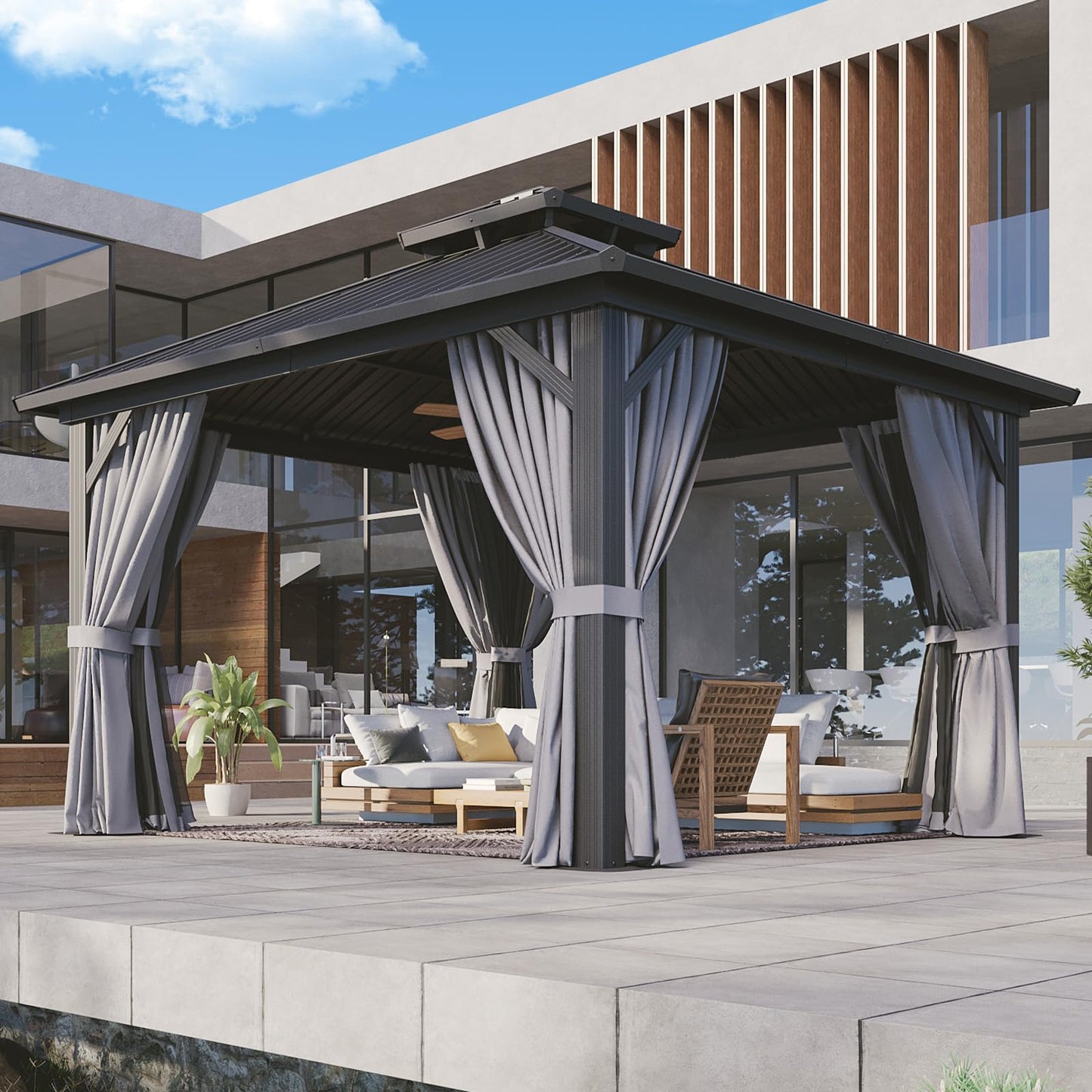 Aoxun 12'x12' Hardtop Gazebo, Metal Frame Canopy with Double Galvanized Steel Roof, Outdoor Metal Pavilion with Netting, Curtains for Backyard, Patio and Deck